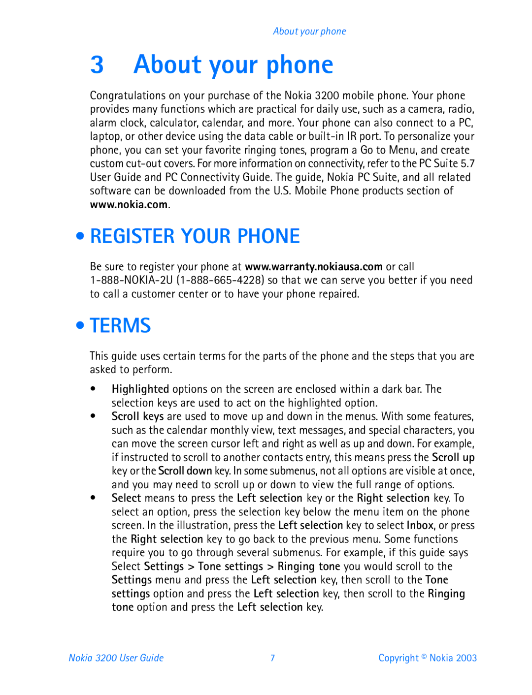 Nokia 3200 manual About your phone, Register Your Phone, Terms 