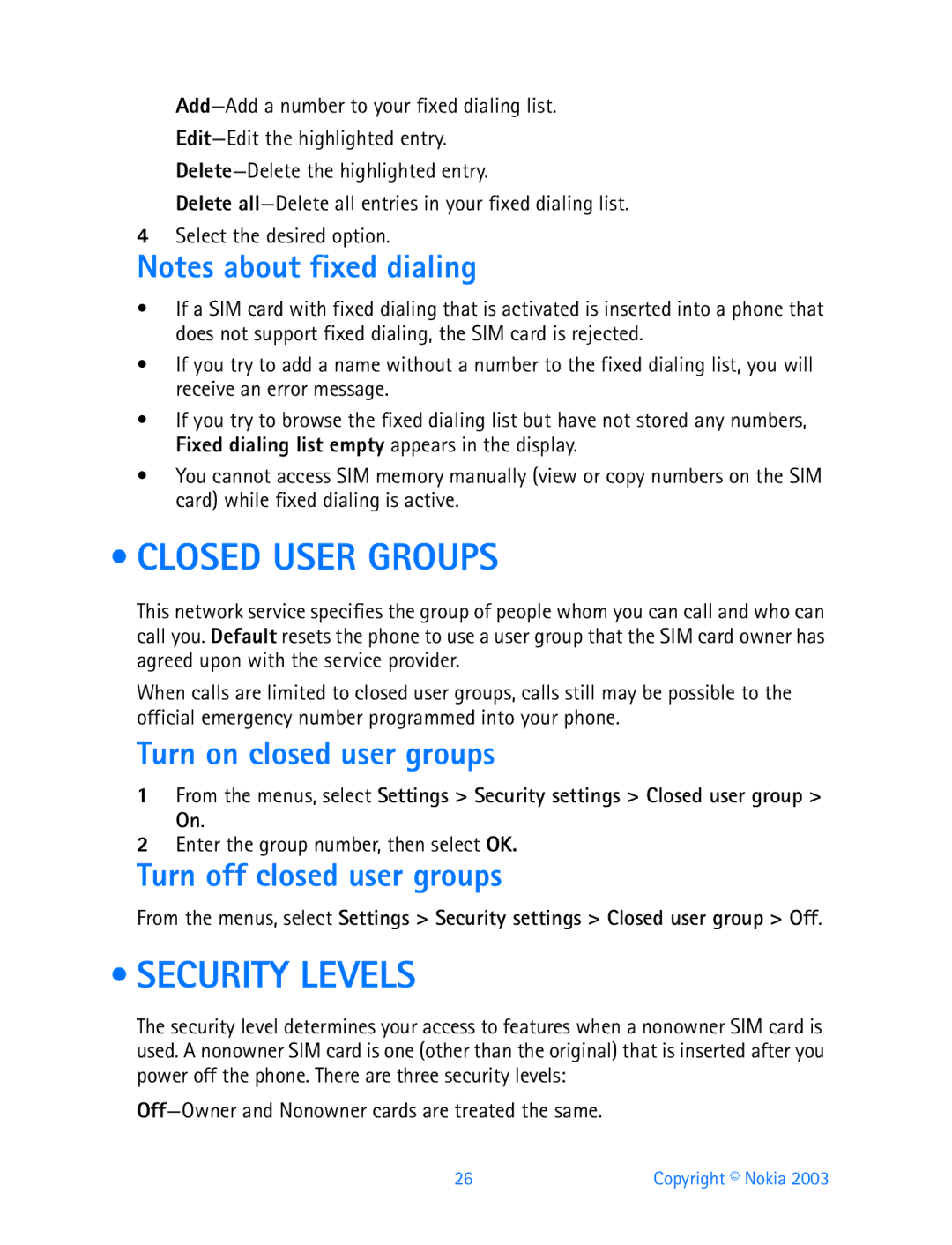 Nokia 3200 manual Closed User Groups, Security Levels, Turn on closed user groups, Turn off closed user groups 