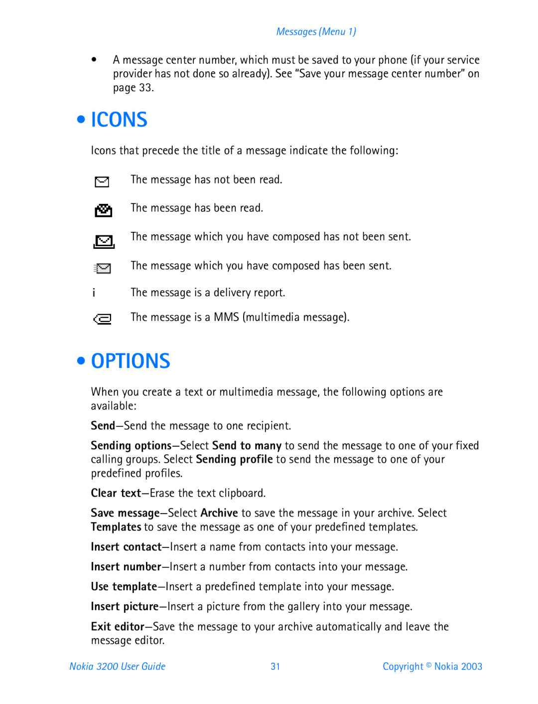 Nokia 3200 manual Icons, Options 