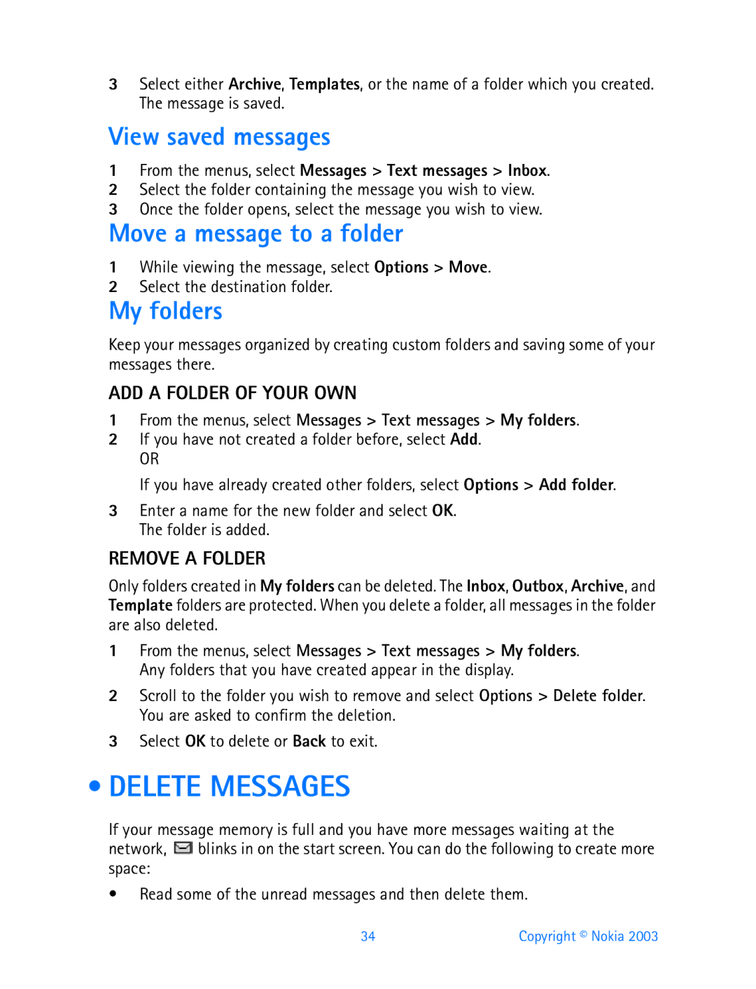 Nokia 3200 manual Delete Messages, View saved messages, Move a message to a folder, My folders 