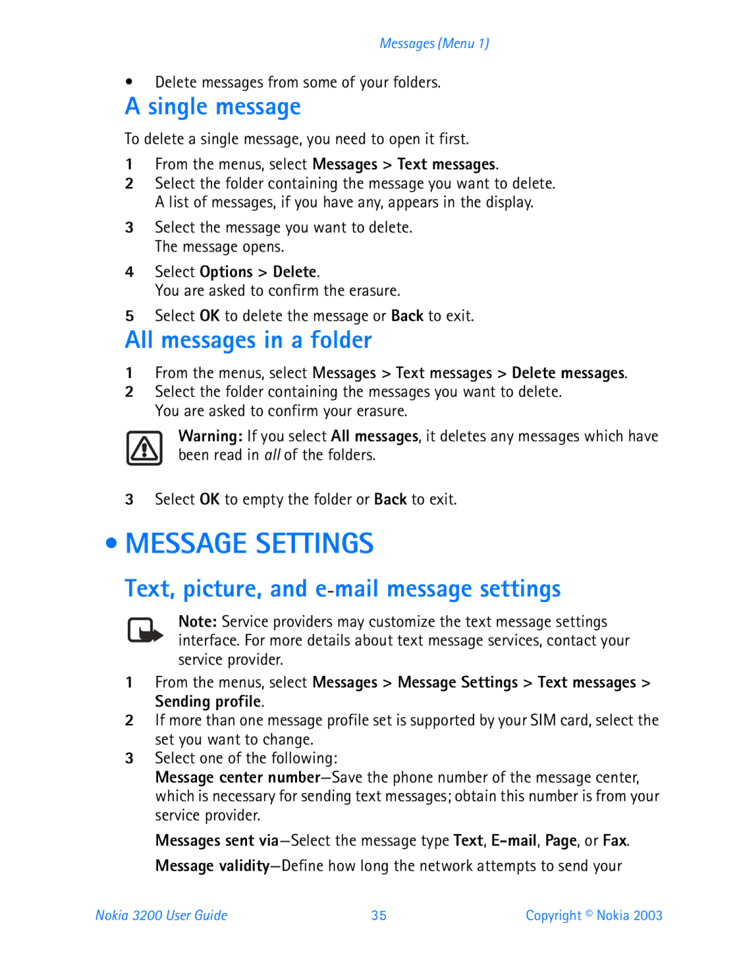 Nokia 3200 manual Message Settings, Single message, All messages in a folder, Text, picture, and e-mail message settings 