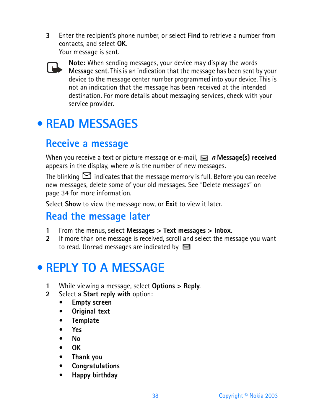 Nokia 3200 manual Read Messages, Reply to a Message, Receive a message, Read the message later 