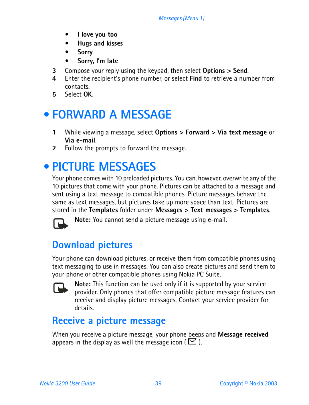 Nokia 3200 manual Forward a Message, Picture Messages, Download pictures, Receive a picture message 