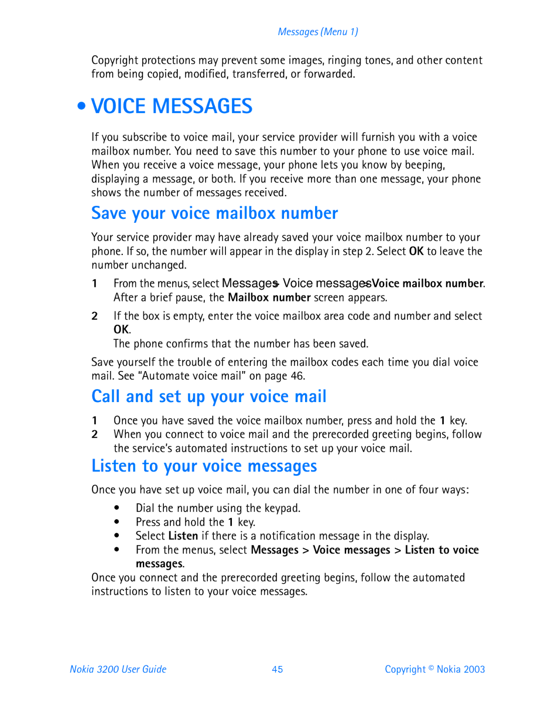 Nokia 3200 Voice Messages, Save your voice mailbox number, Call and set up your voice mail, Listen to your voice messages 