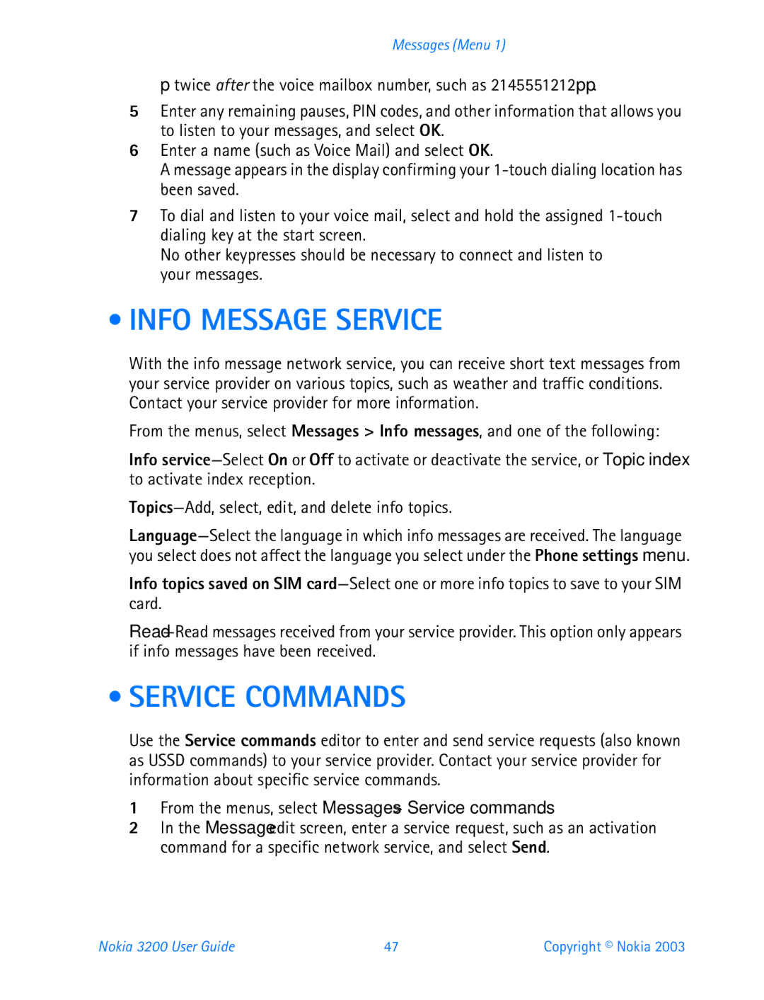 Nokia 3200 manual Info Message Service, Service Commands, From the menus, select Messages Service commands 