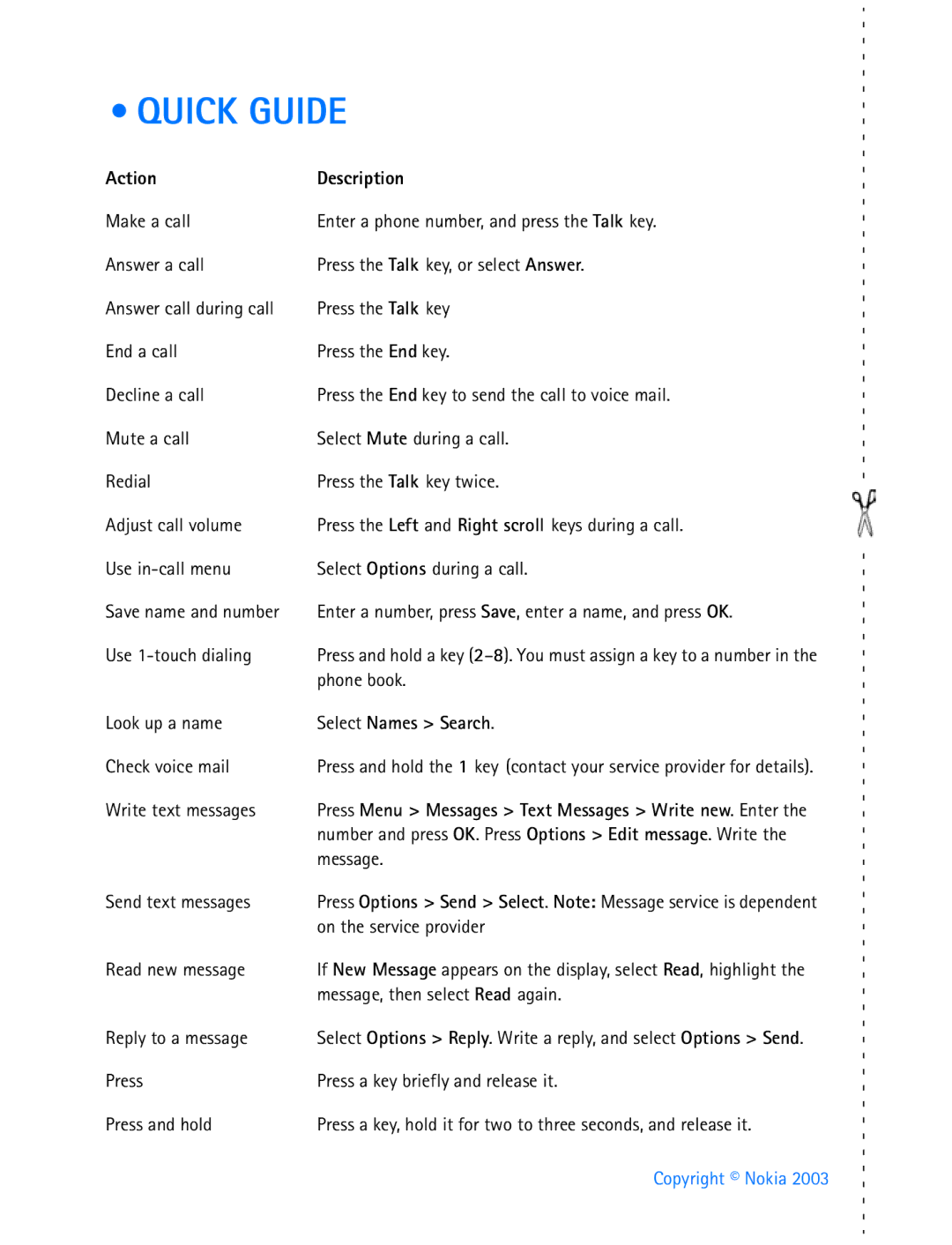 Nokia 3200 manual Quick Guide, Action 