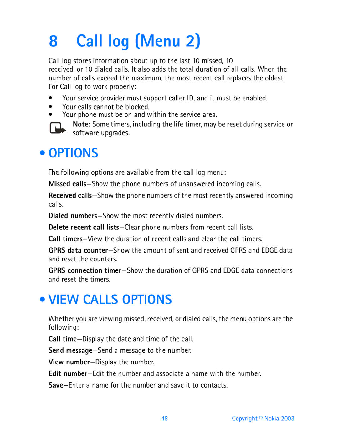 Nokia 3200 manual Call log Menu, View Calls Options 