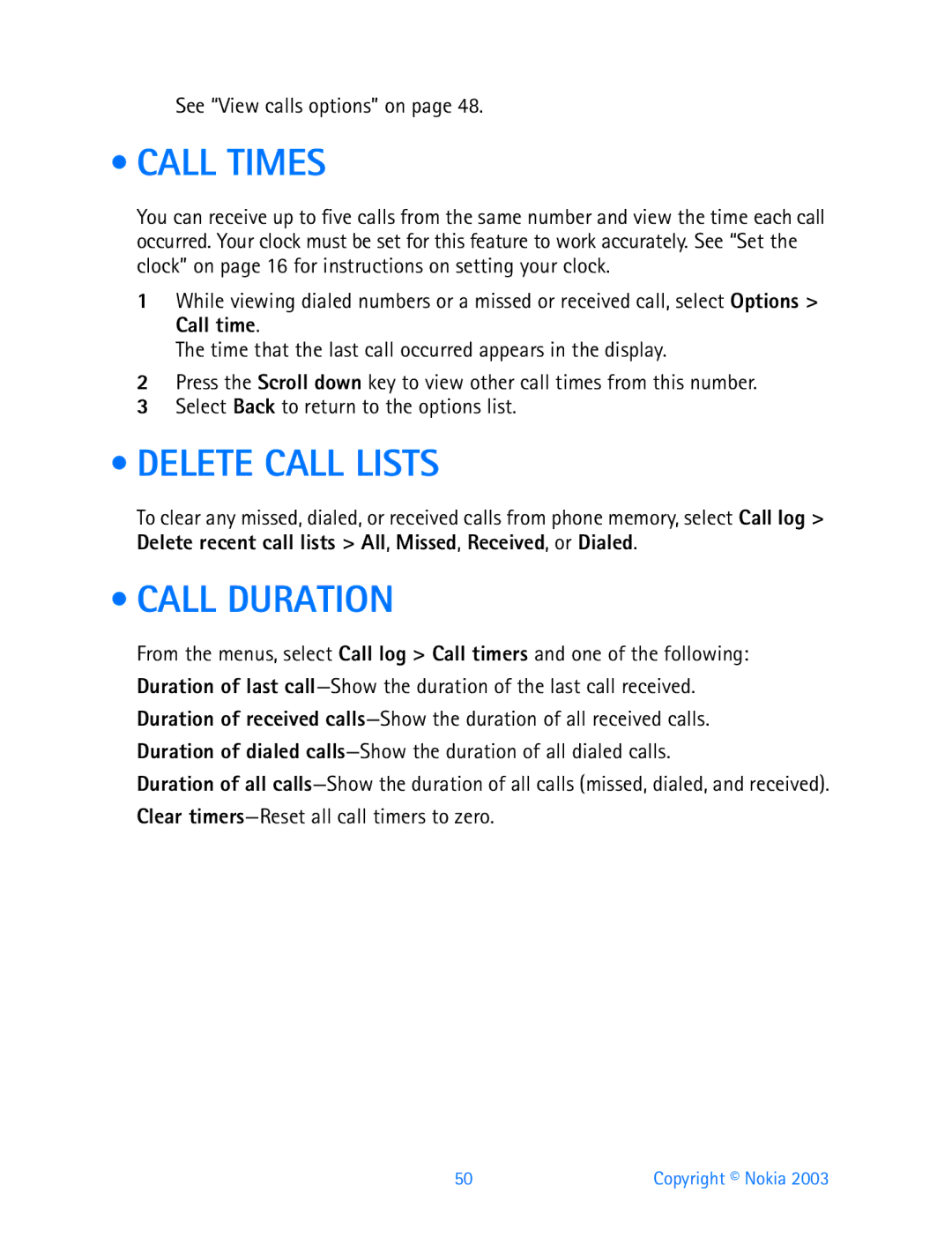 Nokia 3200 manual Call Times, Delete Call Lists, Call Duration 
