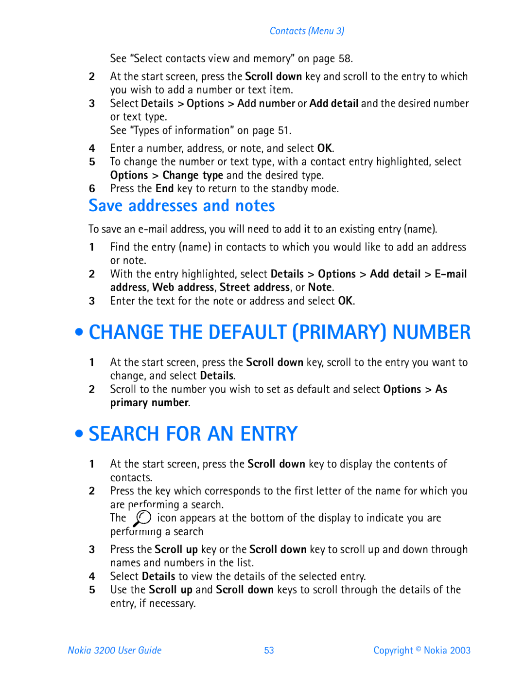 Nokia 3200 manual Search for AN Entry, Save addresses and notes 