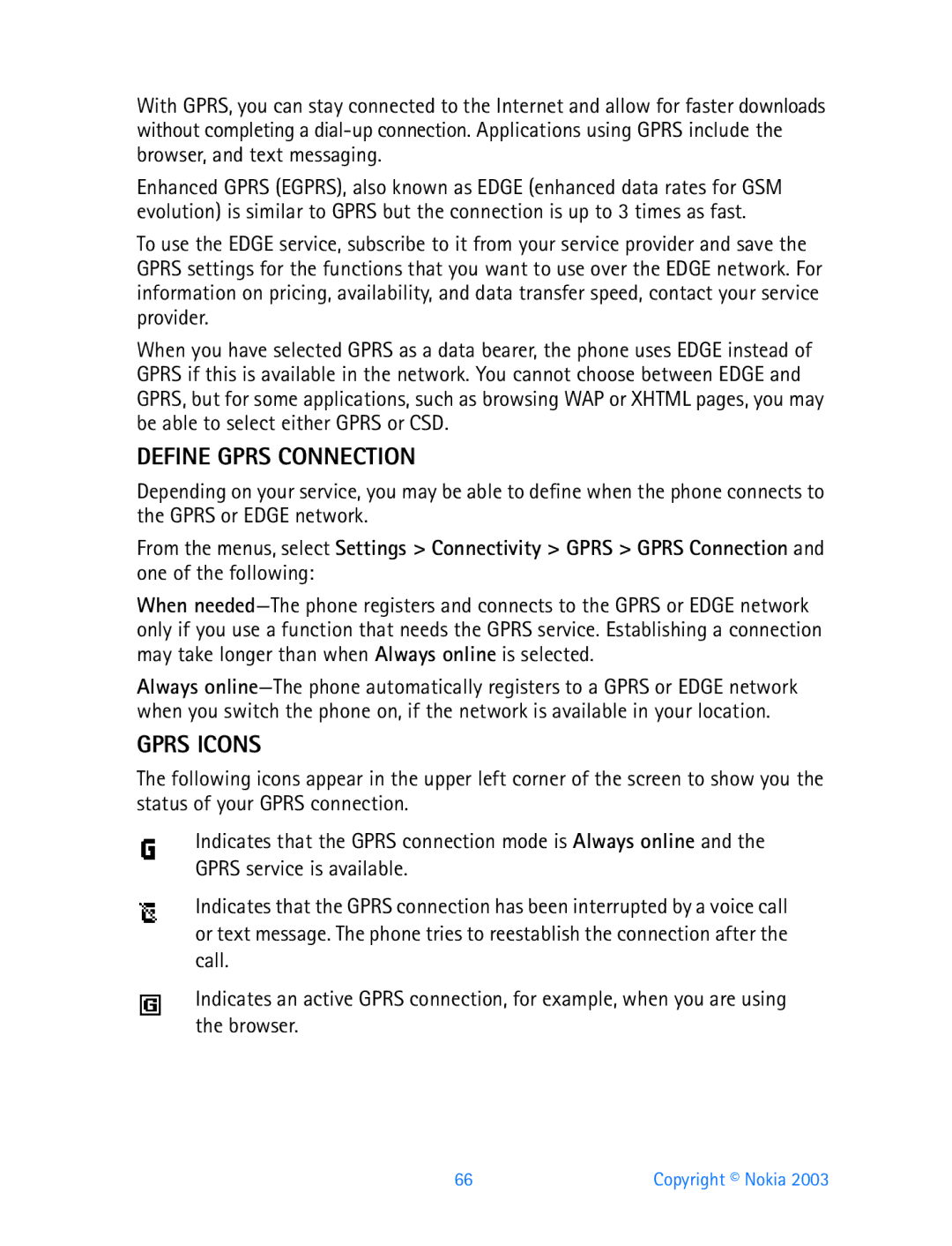 Nokia 3200 manual Define Gprs Connection, Gprs Icons 