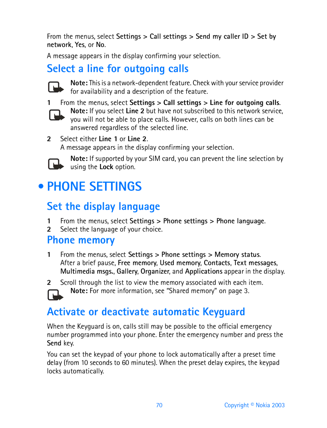 Nokia 3200 manual Phone Settings, Select a line for outgoing calls, Set the display language, Phone memory 