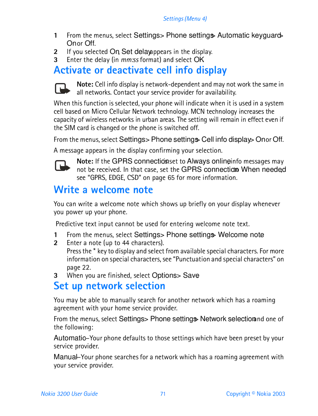 Nokia 3200 manual Activate or deactivate cell info display, Write a welcome note, Set up network selection 