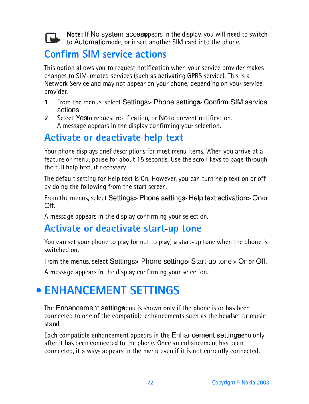 Nokia 3200 manual Enhancement Settings, Confirm SIM service actions, Activate or deactivate help text 