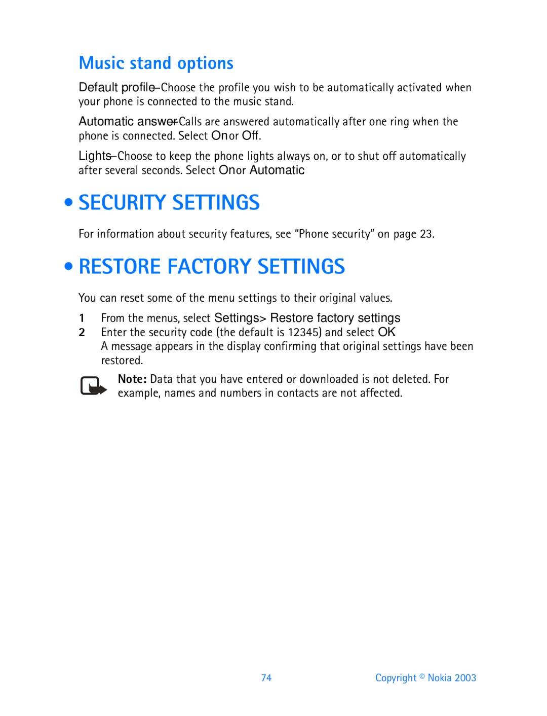 Nokia 3200 manual Security Settings, Restore Factory Settings, Music stand options 