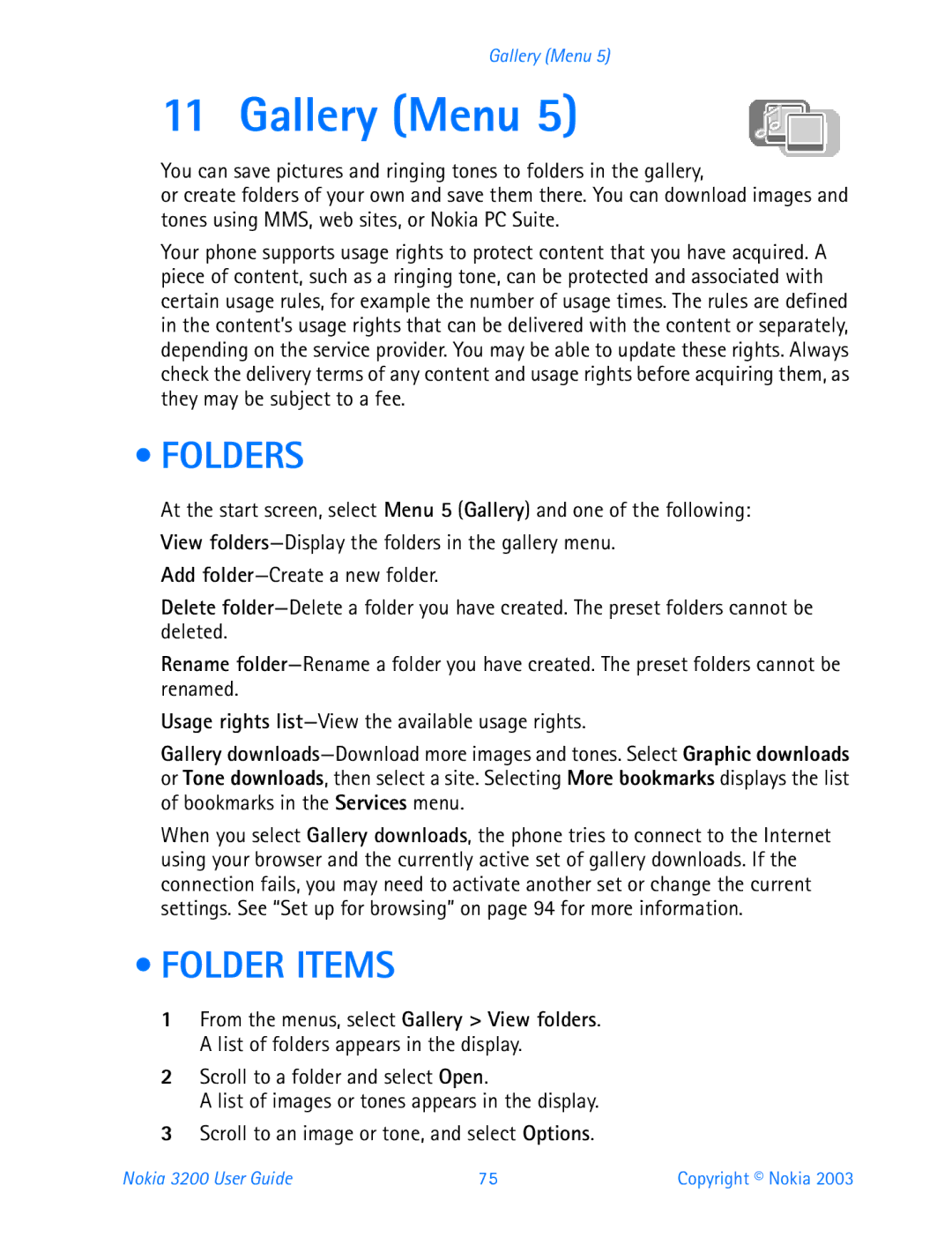 Nokia 3200 manual Gallery Menu, Folders, Folder Items 