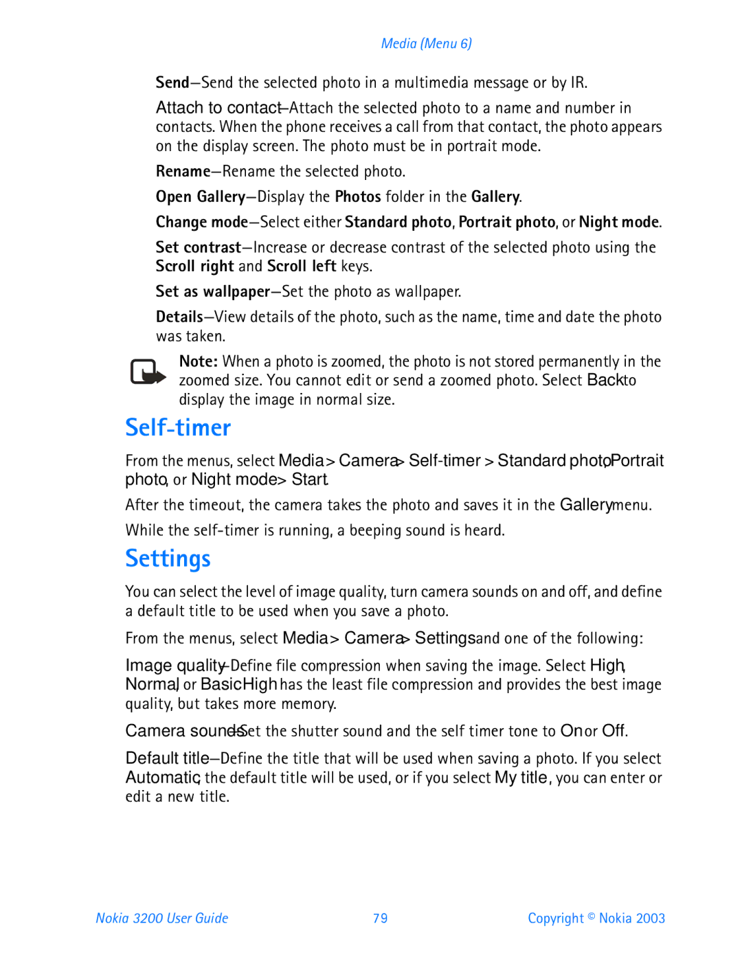 Nokia 3200 manual Self-timer, Settings 