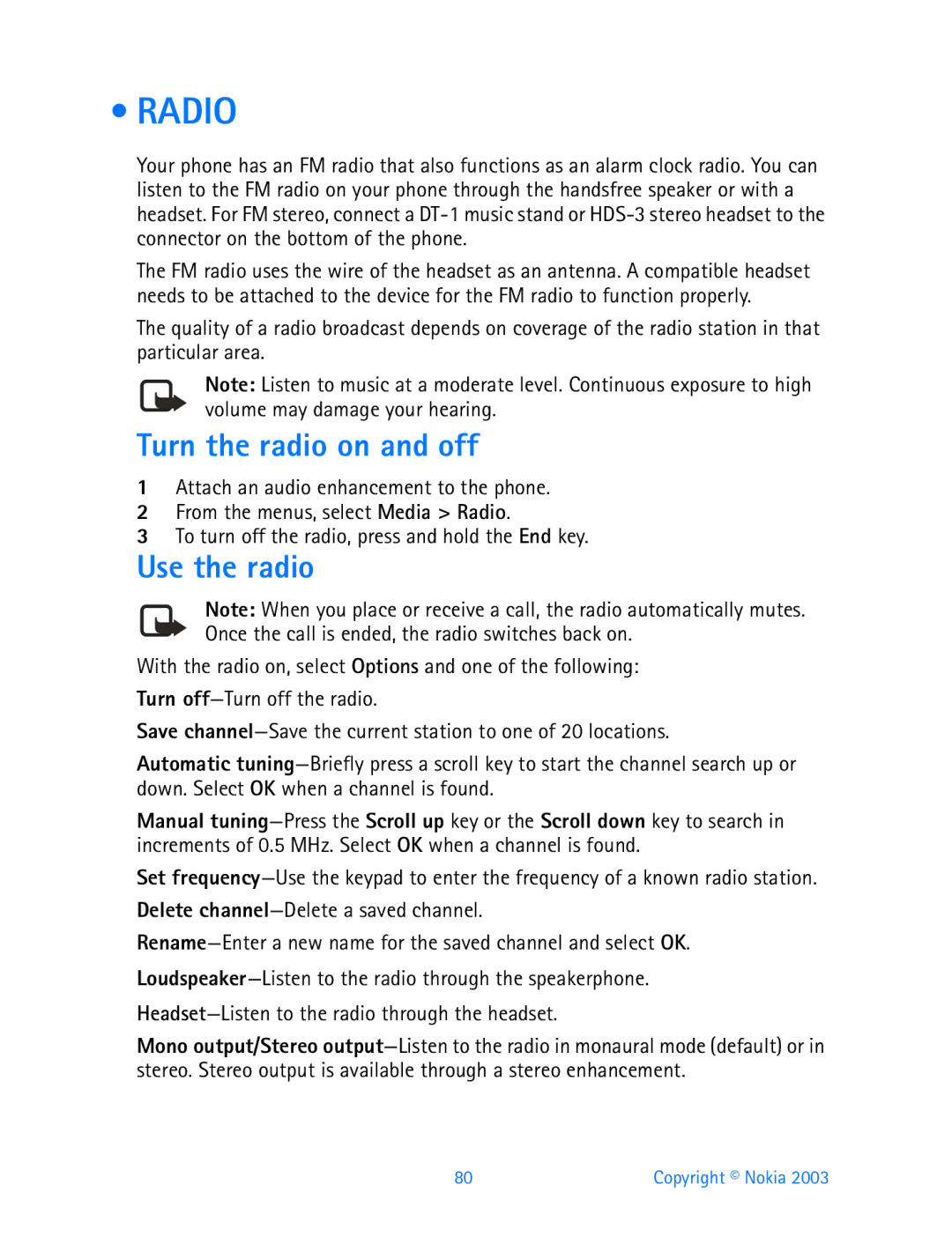 Nokia 3200 manual Radio, Turn the radio on and off, Use the radio 