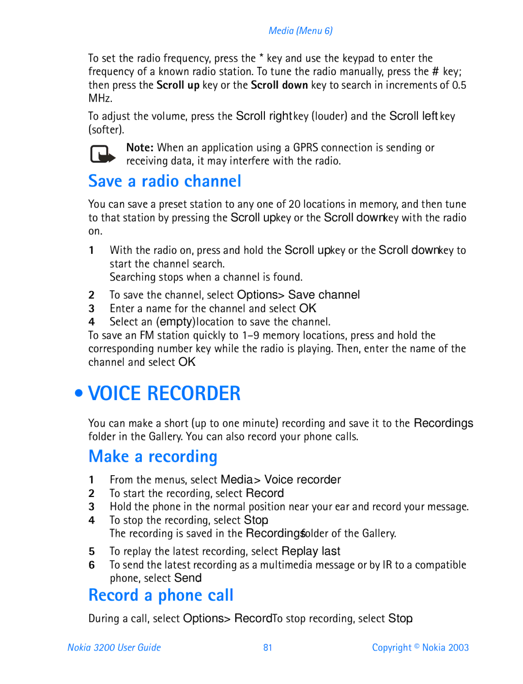 Nokia 3200 manual Voice Recorder, Save a radio channel, Make a recording, Record a phone call 