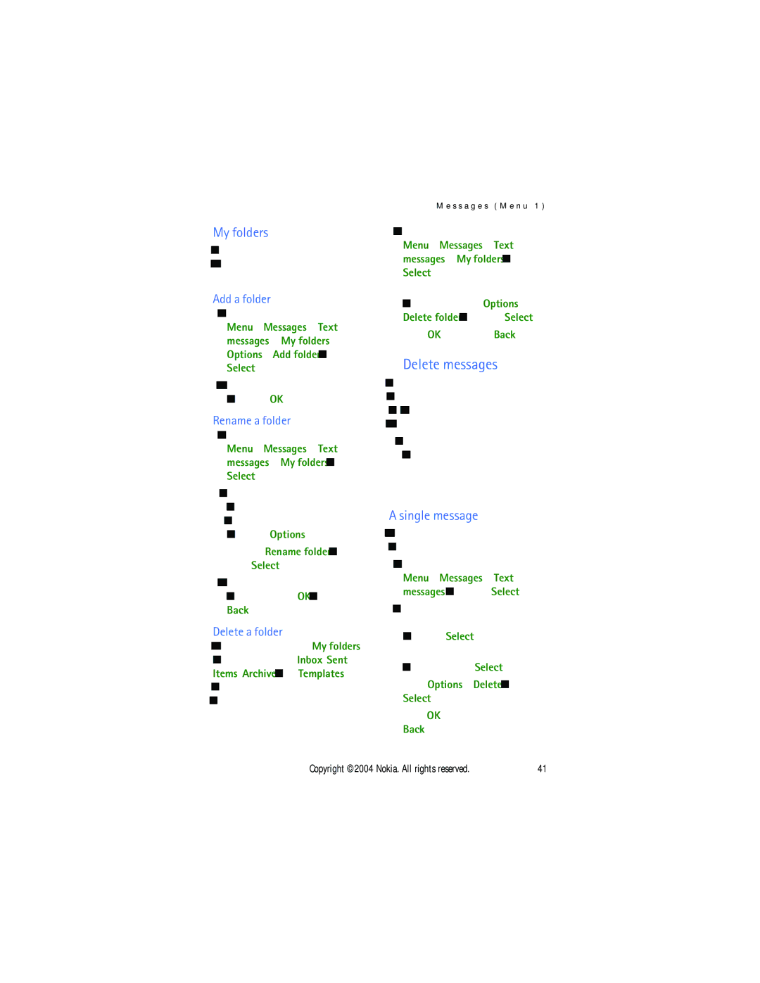 Nokia 3205 manual Delete messages, My folders, Single message 