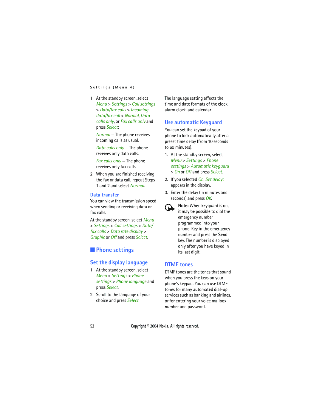 Nokia 3205 manual Phone settings, Set the display language, Use automatic Keyguard, Dtmf tones, Data transfer 