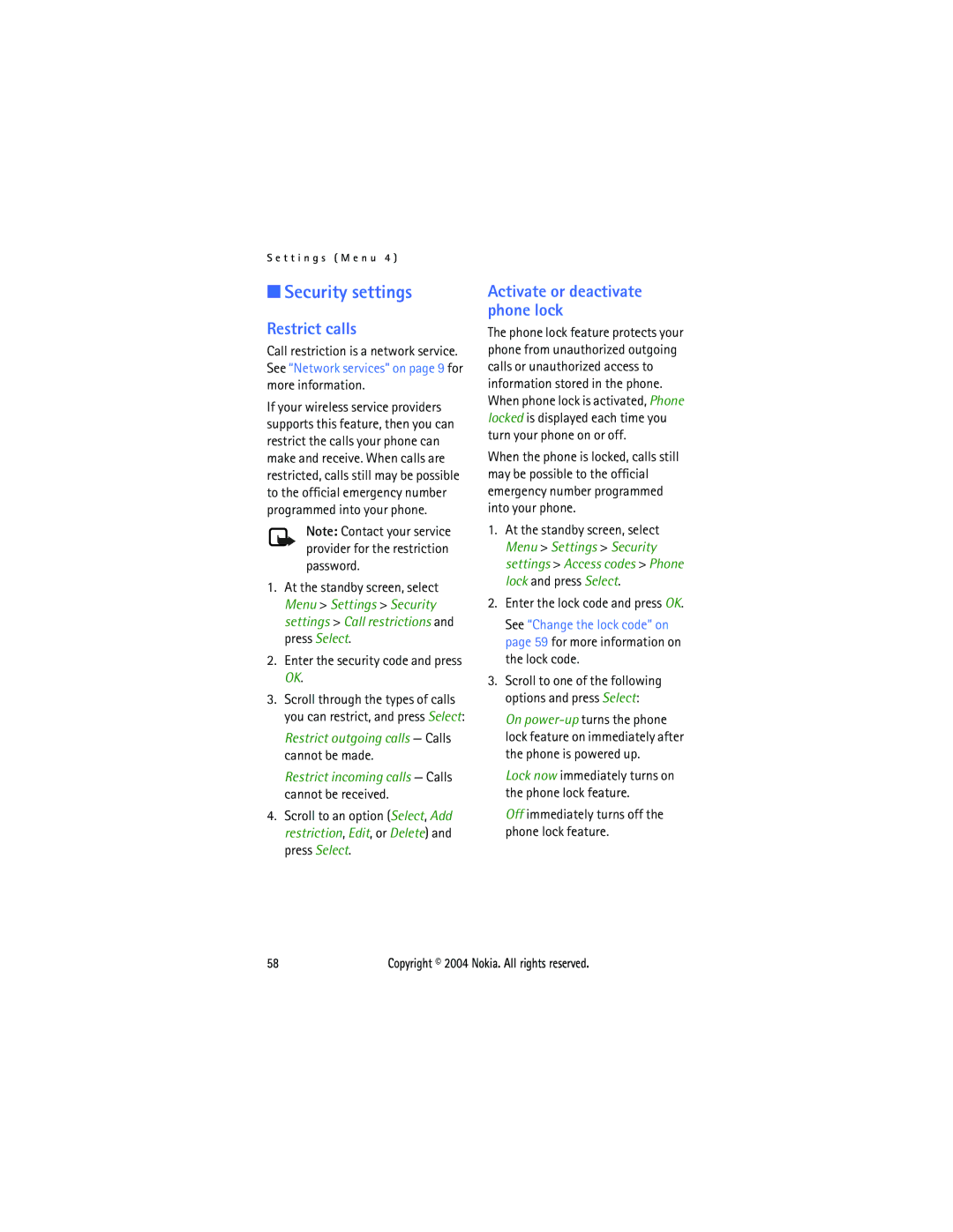 Nokia 3205 manual Security settings, Restrict calls, Activate or deactivate phone lock 
