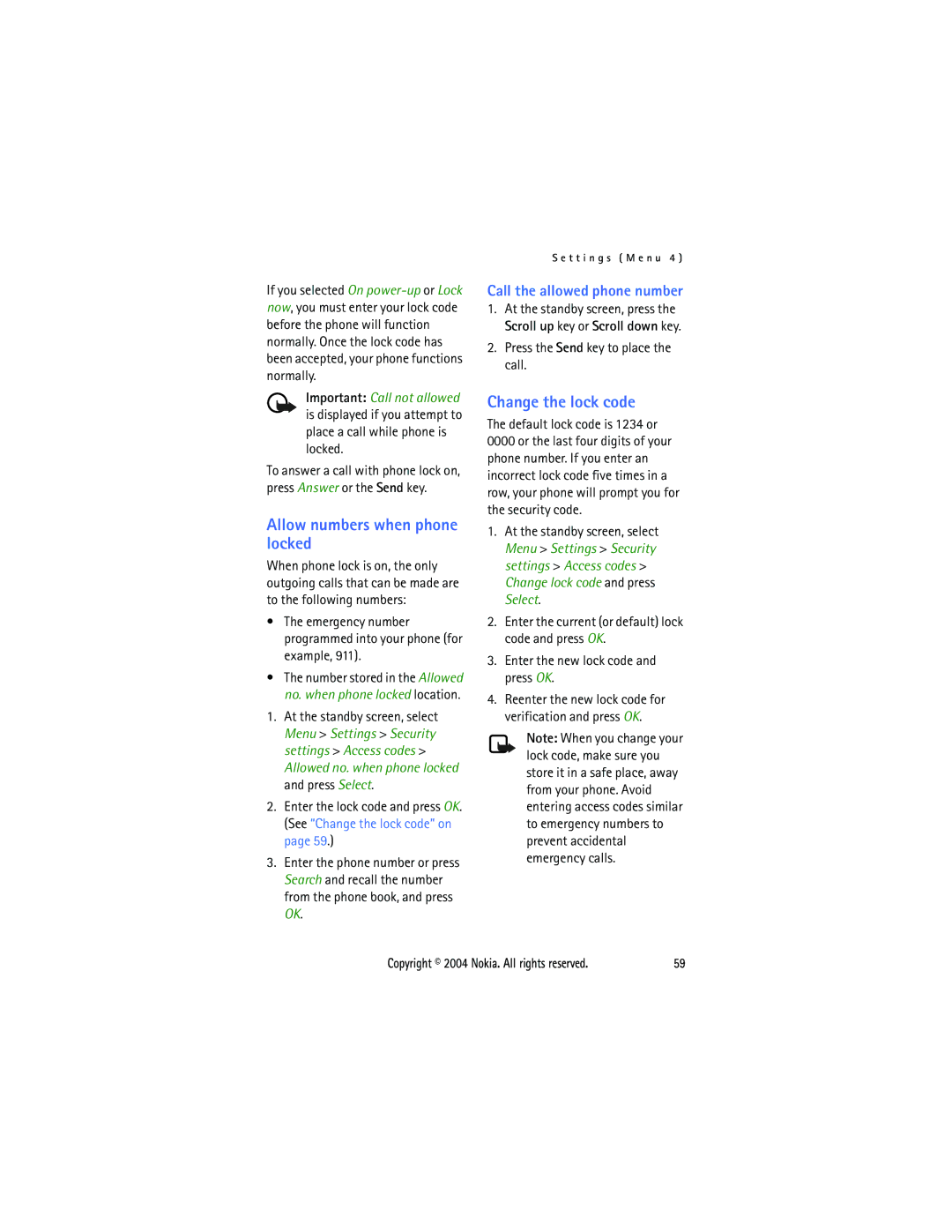 Nokia 3205 manual Allow numbers when phone locked, Change the lock code, Call the allowed phone number 