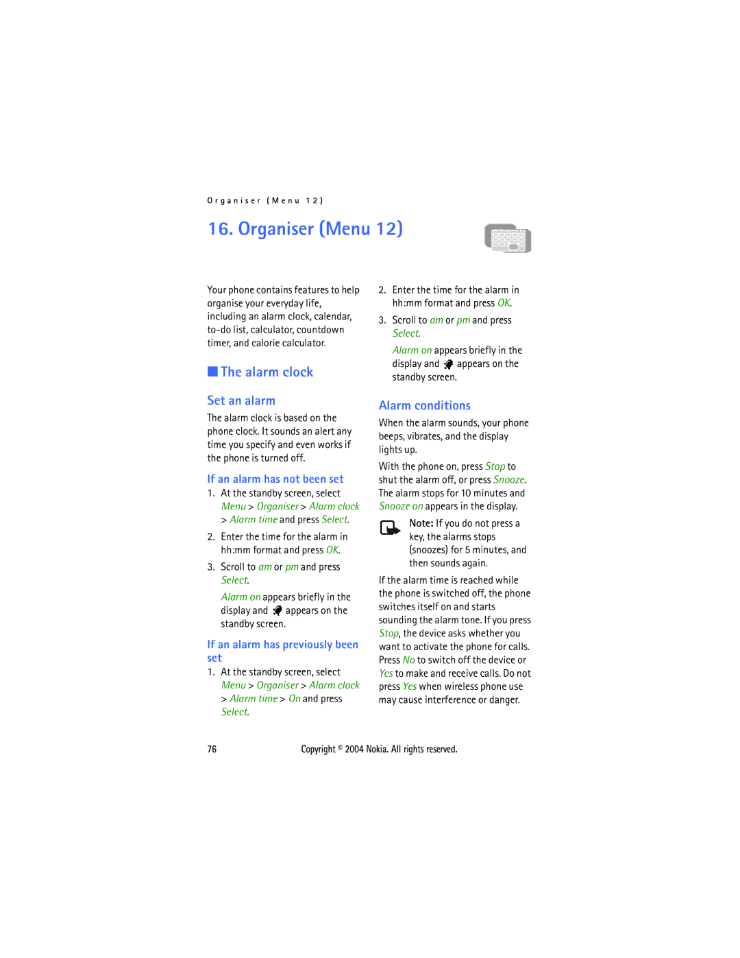 Nokia 3205 manual Organiser Menu, Alarm clock, Set an alarm, Alarm conditions 