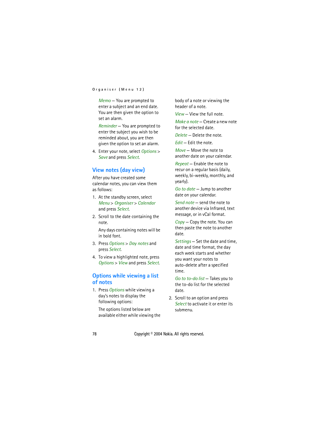 Nokia 3205 manual View notes day view, Options while viewing a list of notes, Press Options Day notes and press Select 