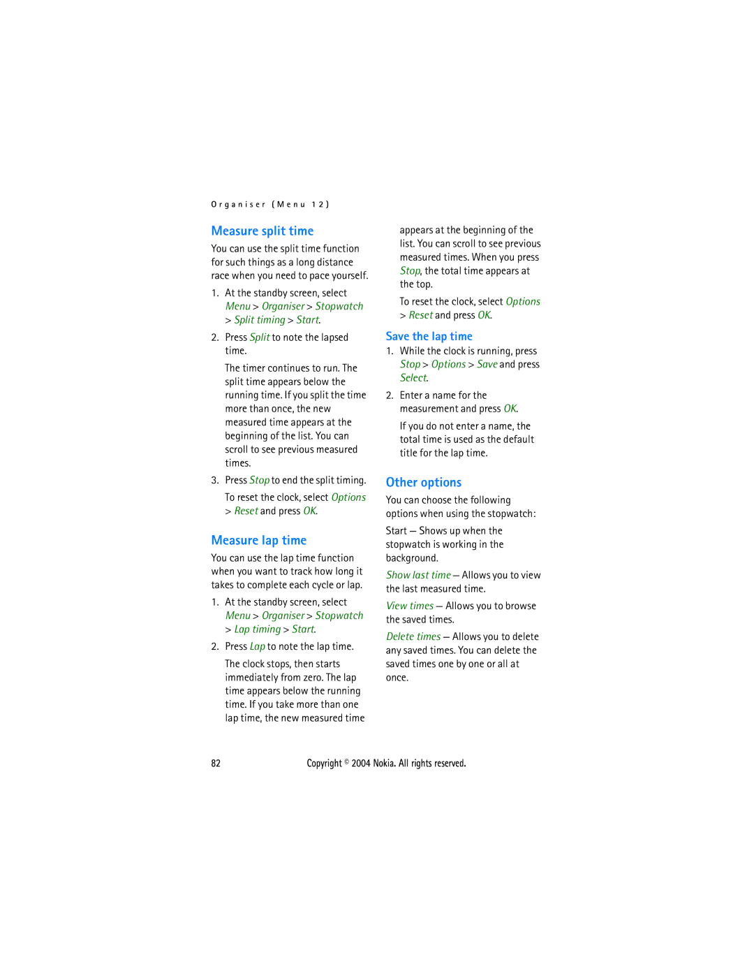 Nokia 3205 manual Measure split time, Measure lap time, Other options, Save the lap time, Split timing Start 