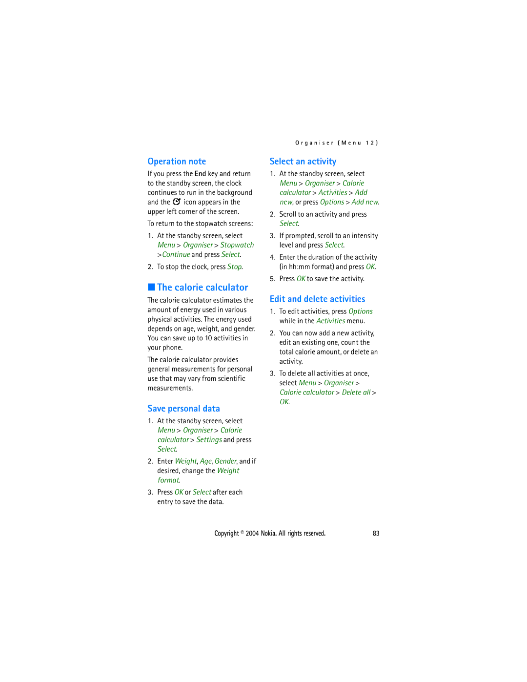 Nokia 3205 manual Calorie calculator, Operation note, Save personal data, Select an activity, Edit and delete activities 