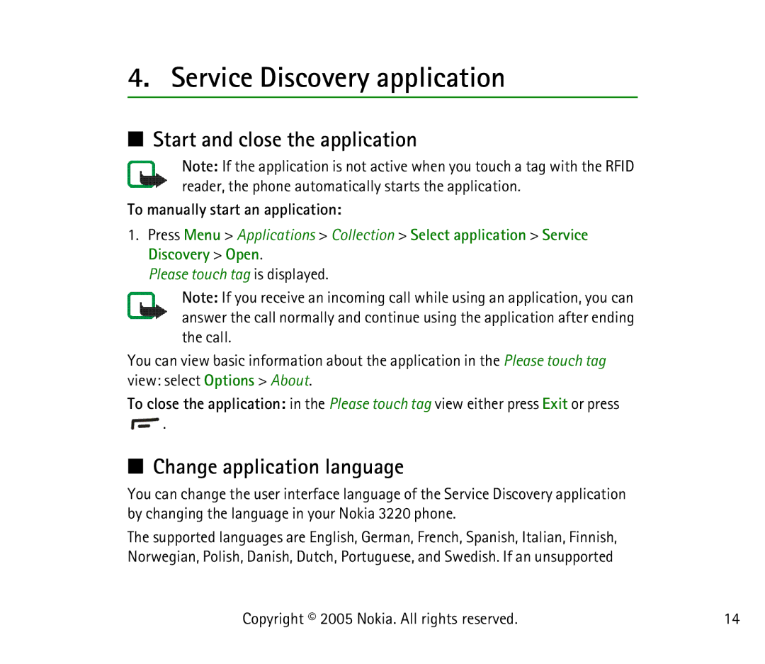 Nokia 3220 manual Service Discovery application, Start and close the application, Change application language 