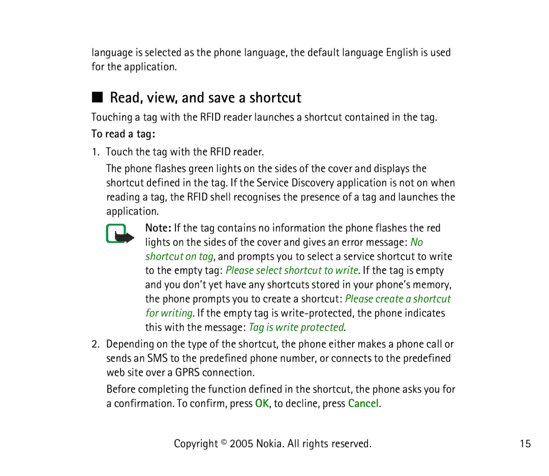 Nokia 3220 manual Read, view, and save a shortcut, To read a tag 