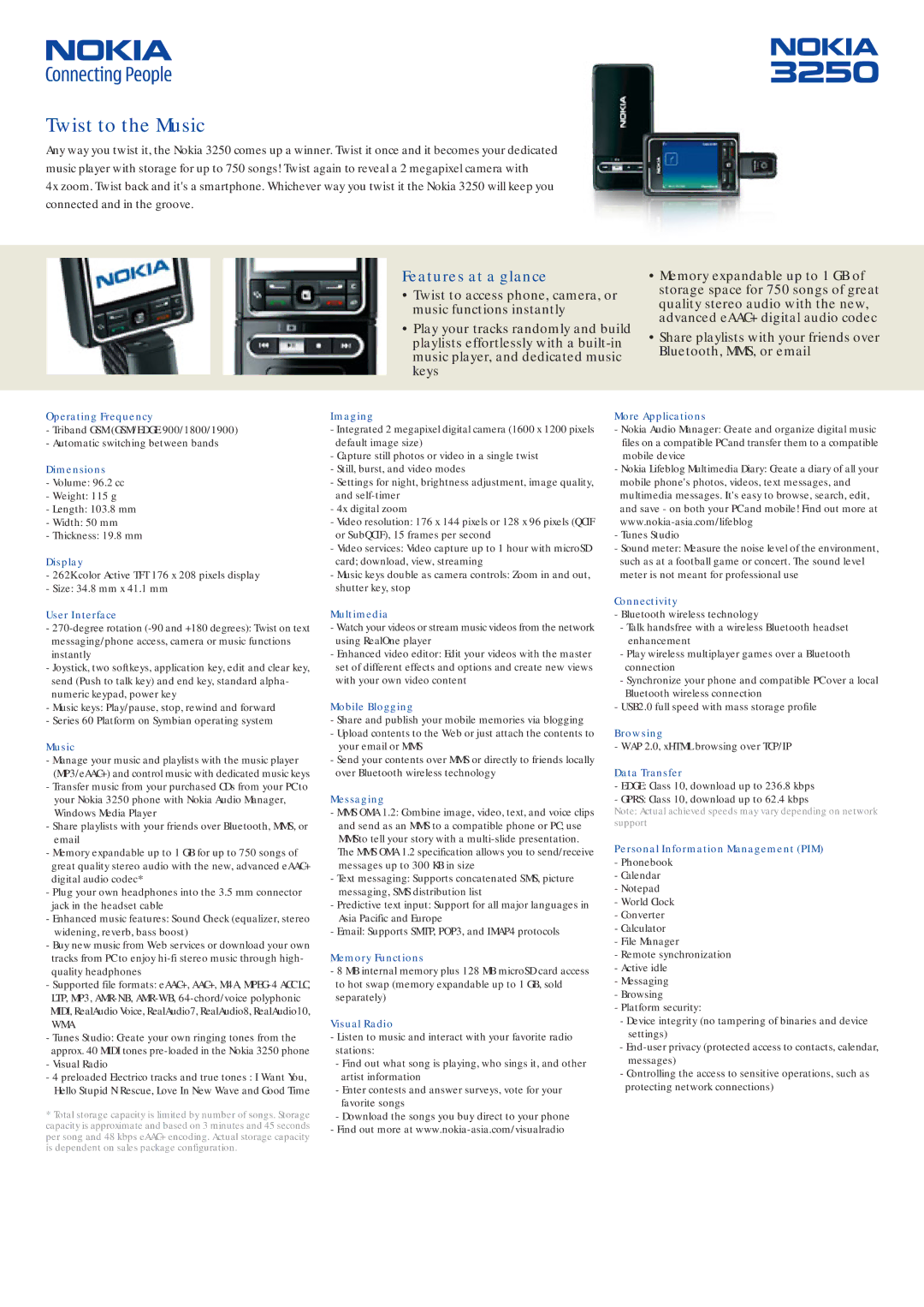 Nokia 3250 dimensions Operating Frequency, Dimensions, Display, User Interface, Music, Imaging, Multimedia, Messaging 