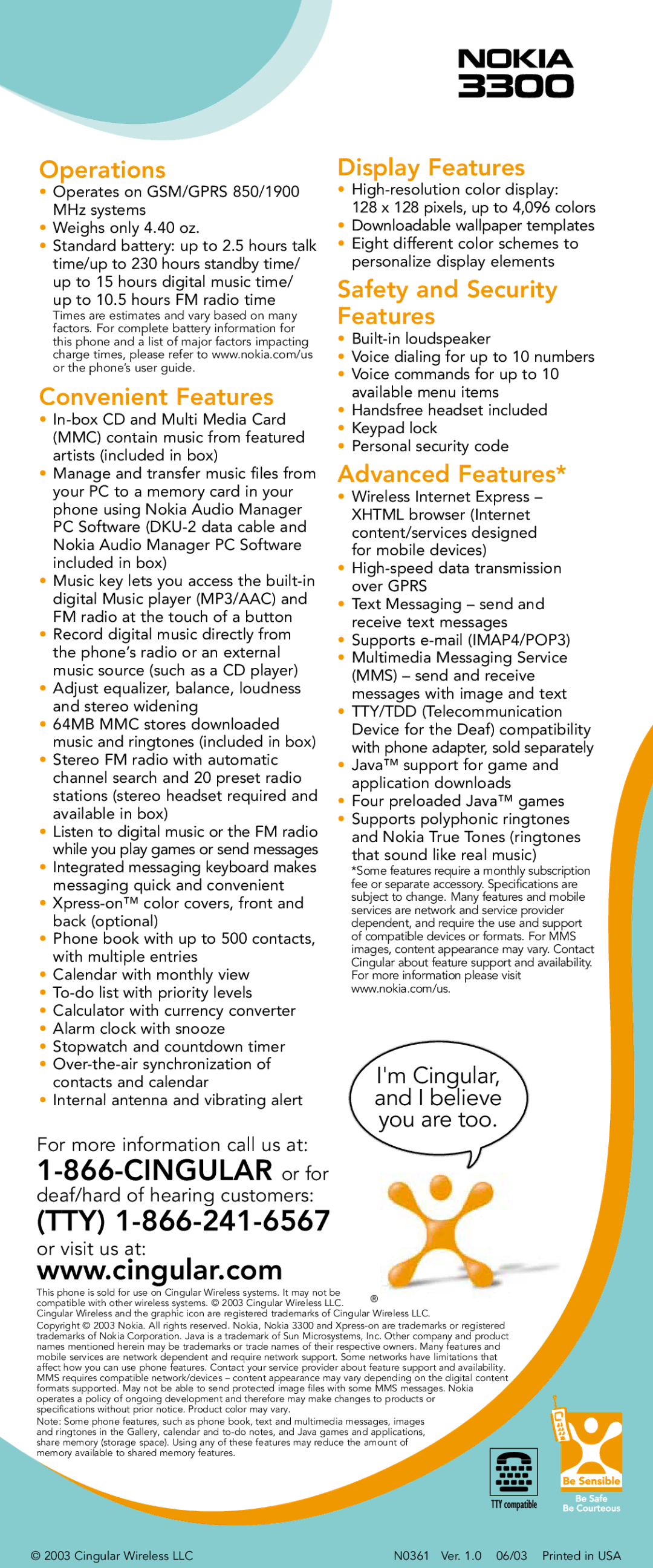 Nokia 3300 manual Cingular or for, Tty 