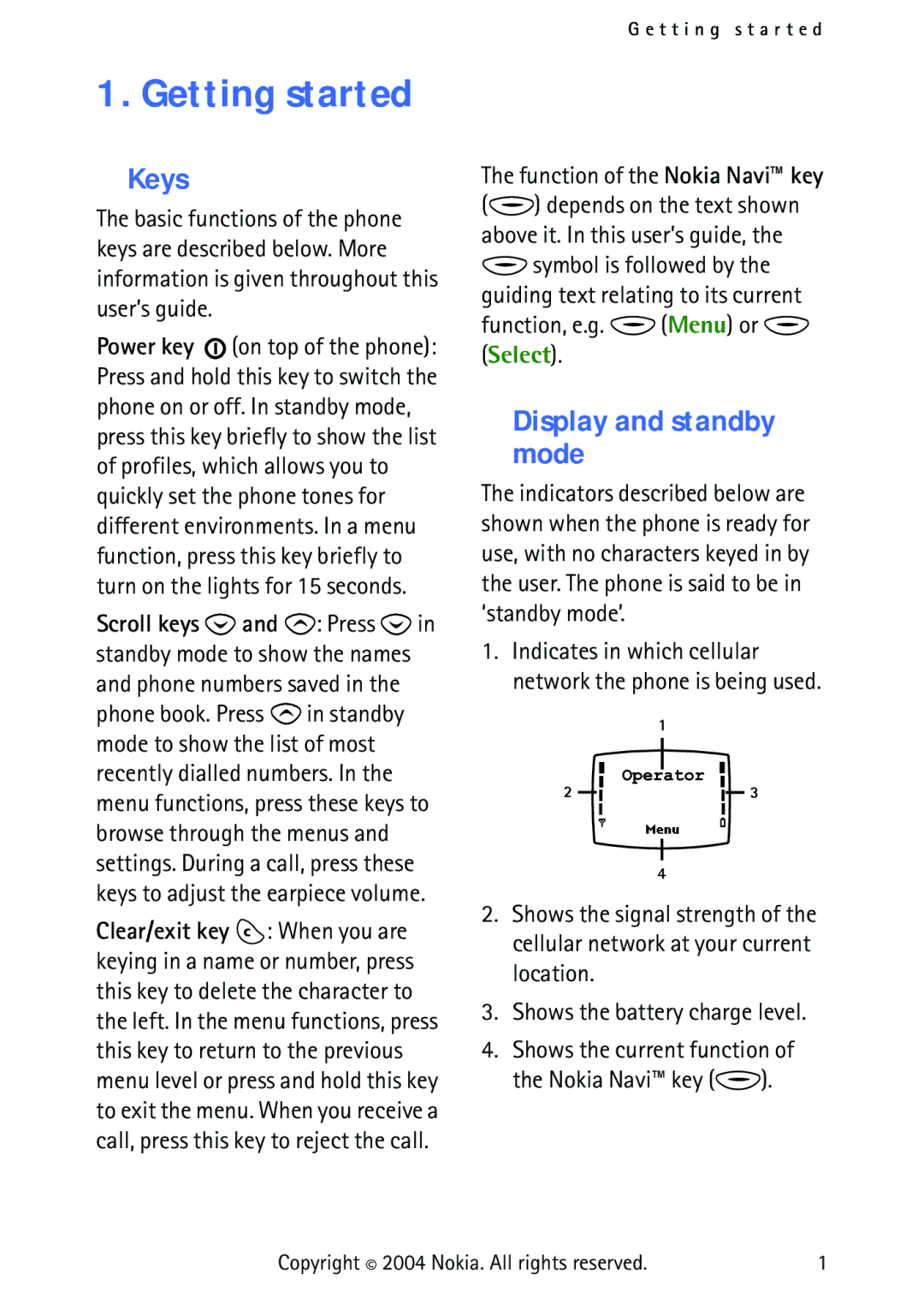 Nokia 3315 Getting started, Keys, Display and standby mode, Function of the Nokia Navi key, Function, e.g. Menu or Select 