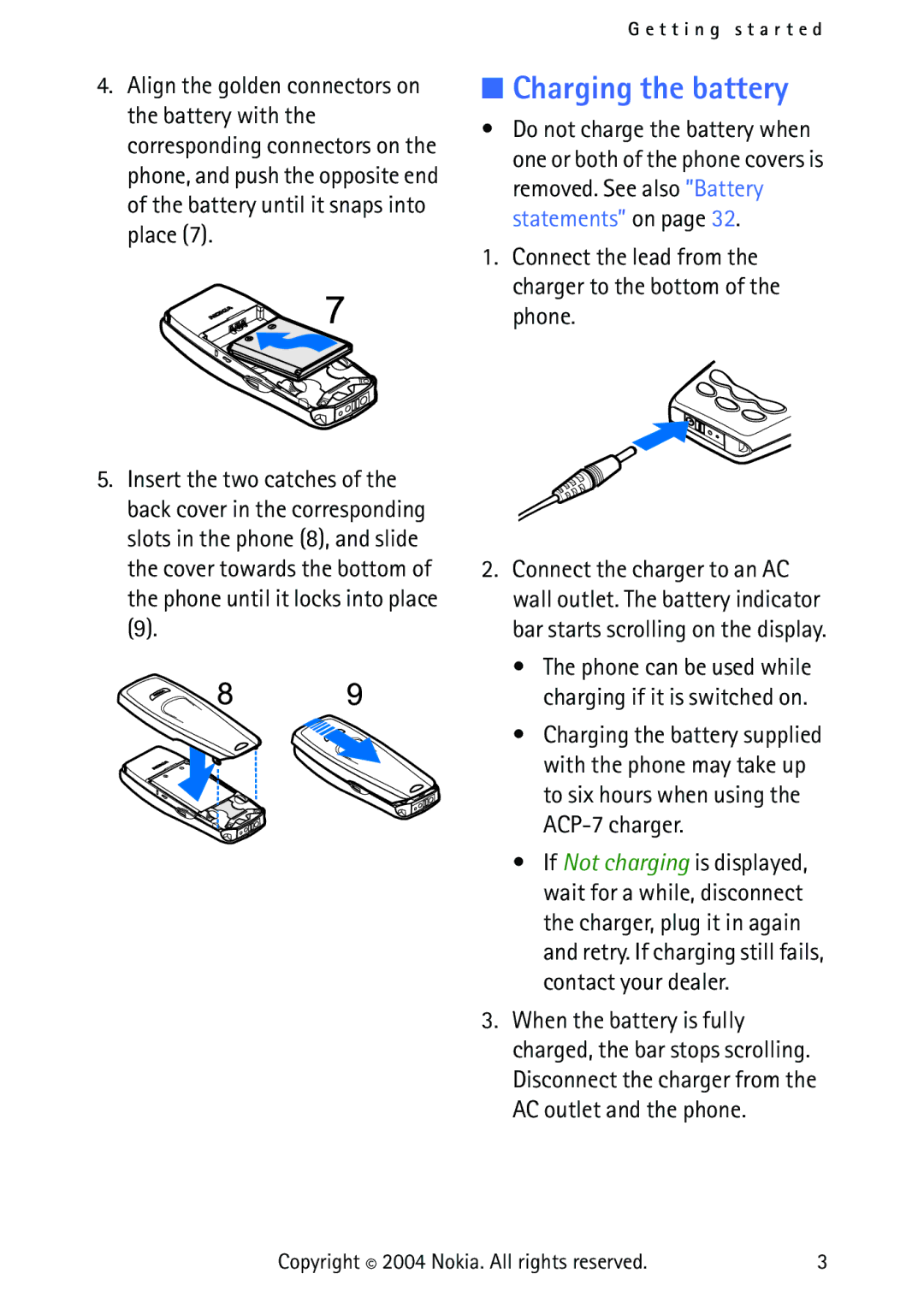 Nokia 3315 manual Charging the battery, Connect the lead from the charger to the bottom of the phone 