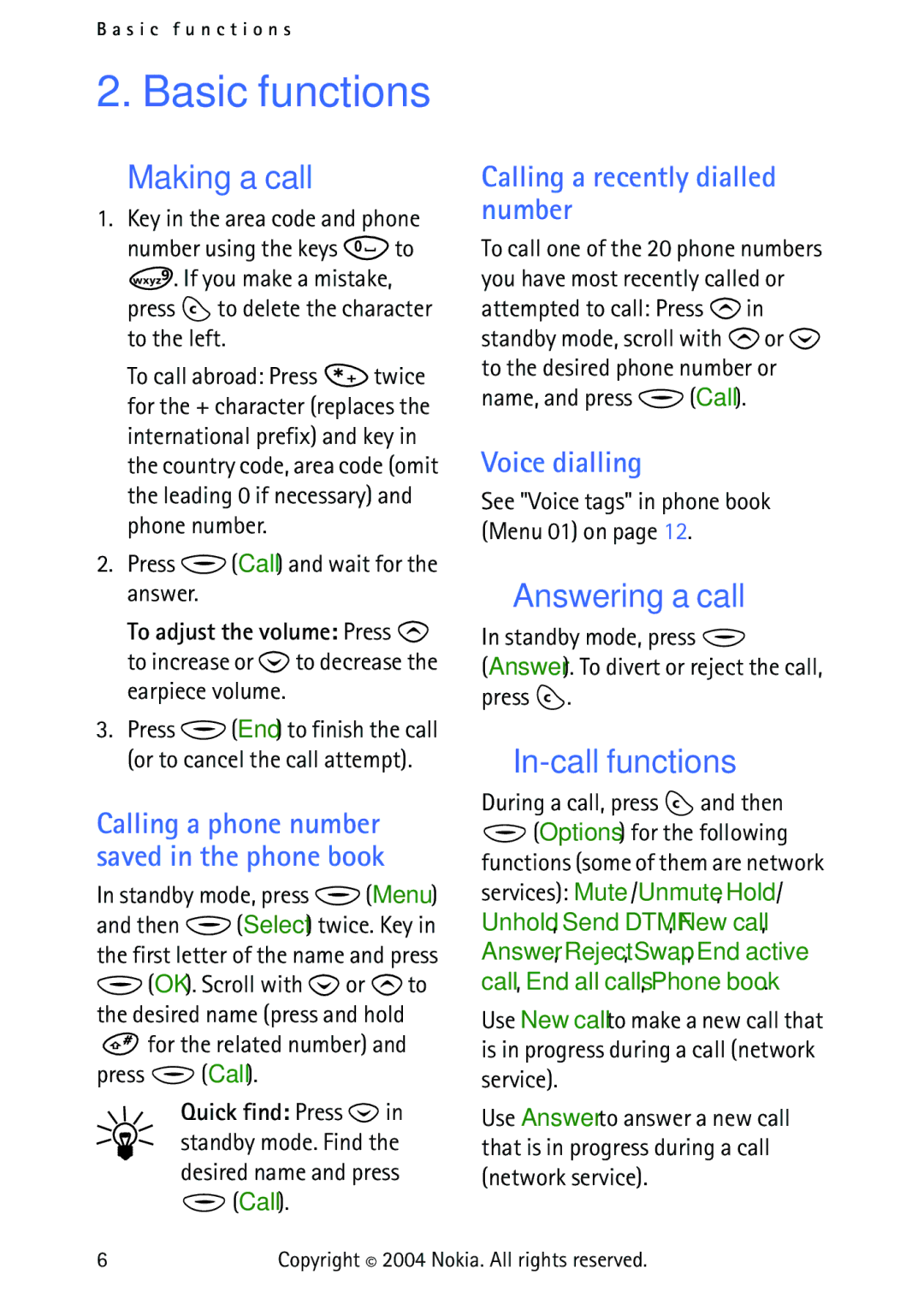 Nokia 3315 manual Basic functions, Making a call, Answering a call, In-call functions 