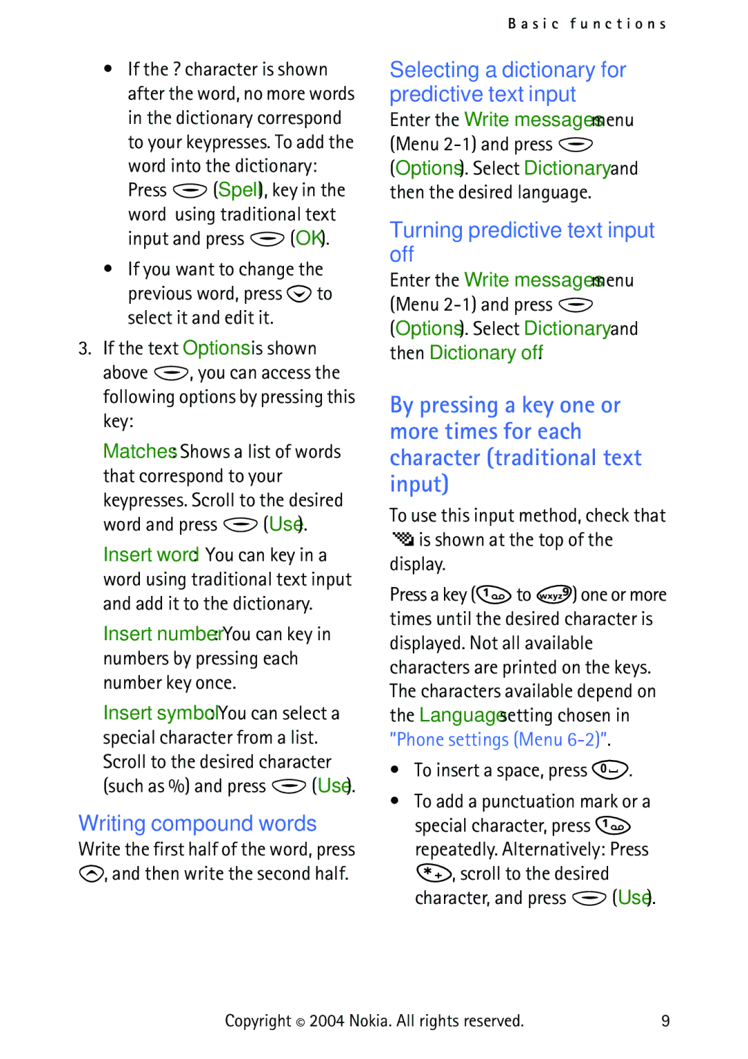 Nokia 3315 manual Writing compound words, Turning predictive text input off 