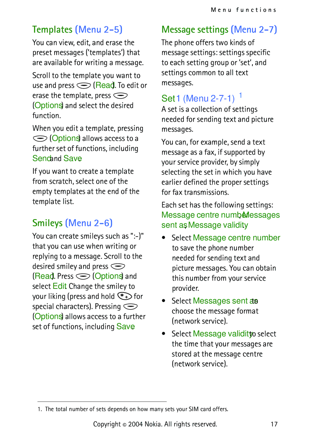 Nokia 3315 manual Templates Menu, Smileys Menu, Message settings Menu, Set 1 Menu 2-7-1 