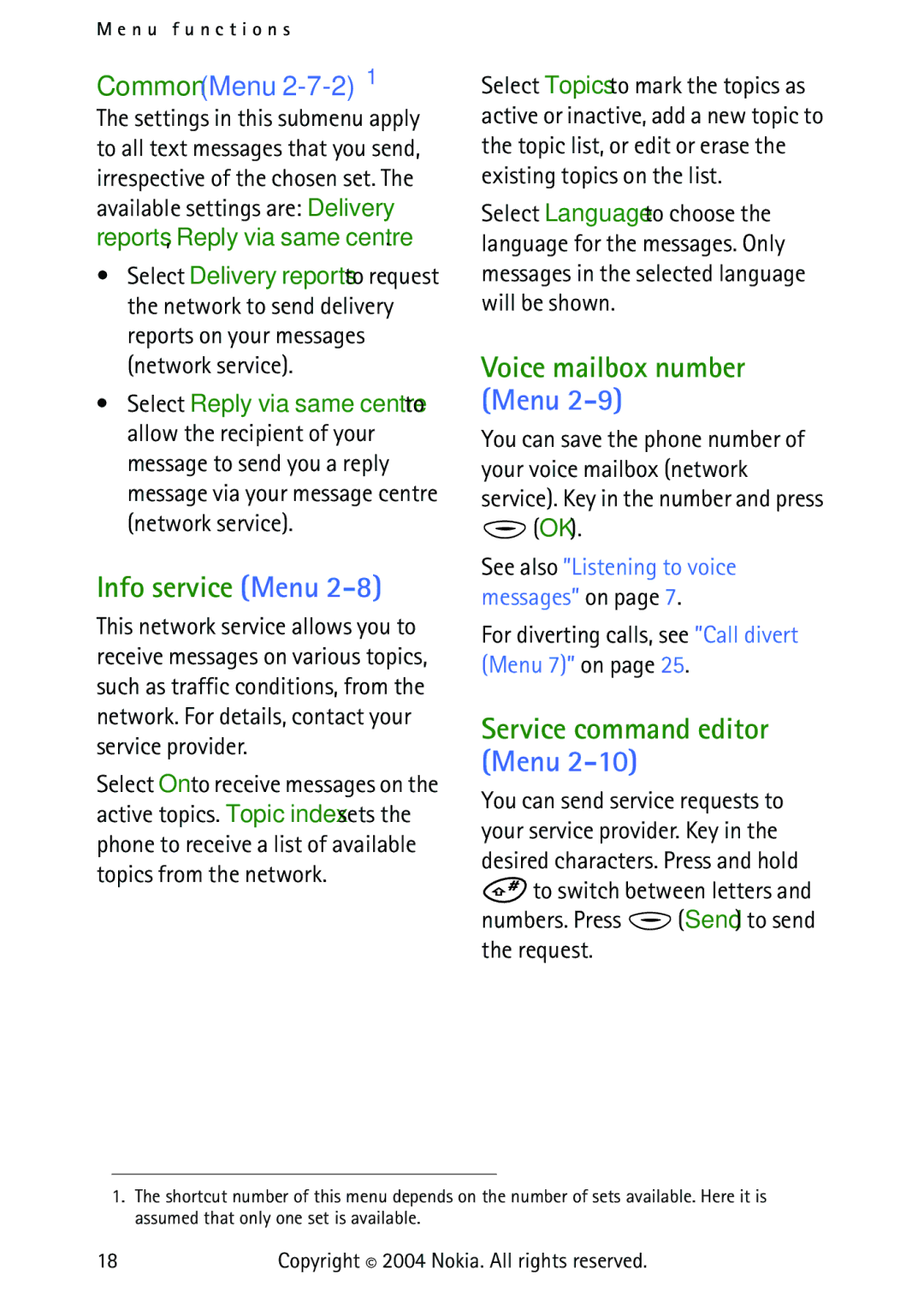 Nokia 3315 manual Info service Menu, Voice mailbox number Menu, Service command editor Menu, Common Menu 2-7-2 