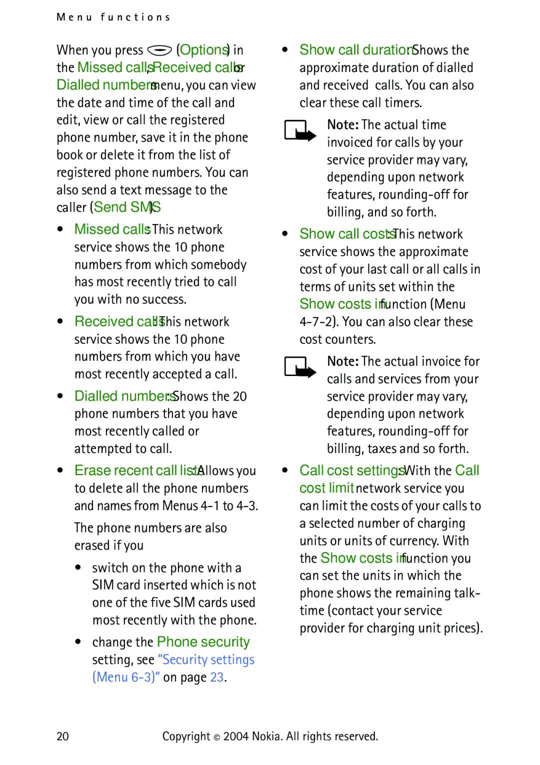 Nokia 3315 manual Phone numbers are also erased if you, You can also clear these cost counters 