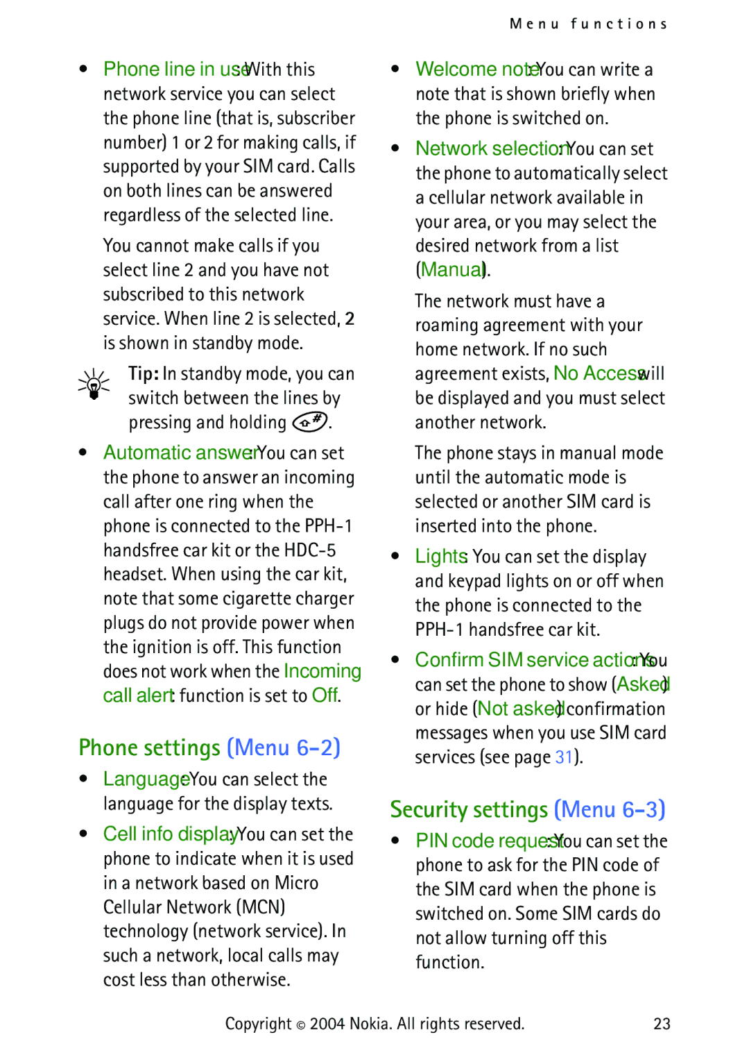 Nokia 3315 manual Phone settings Menu, Security settings Menu, Pressing and holding 