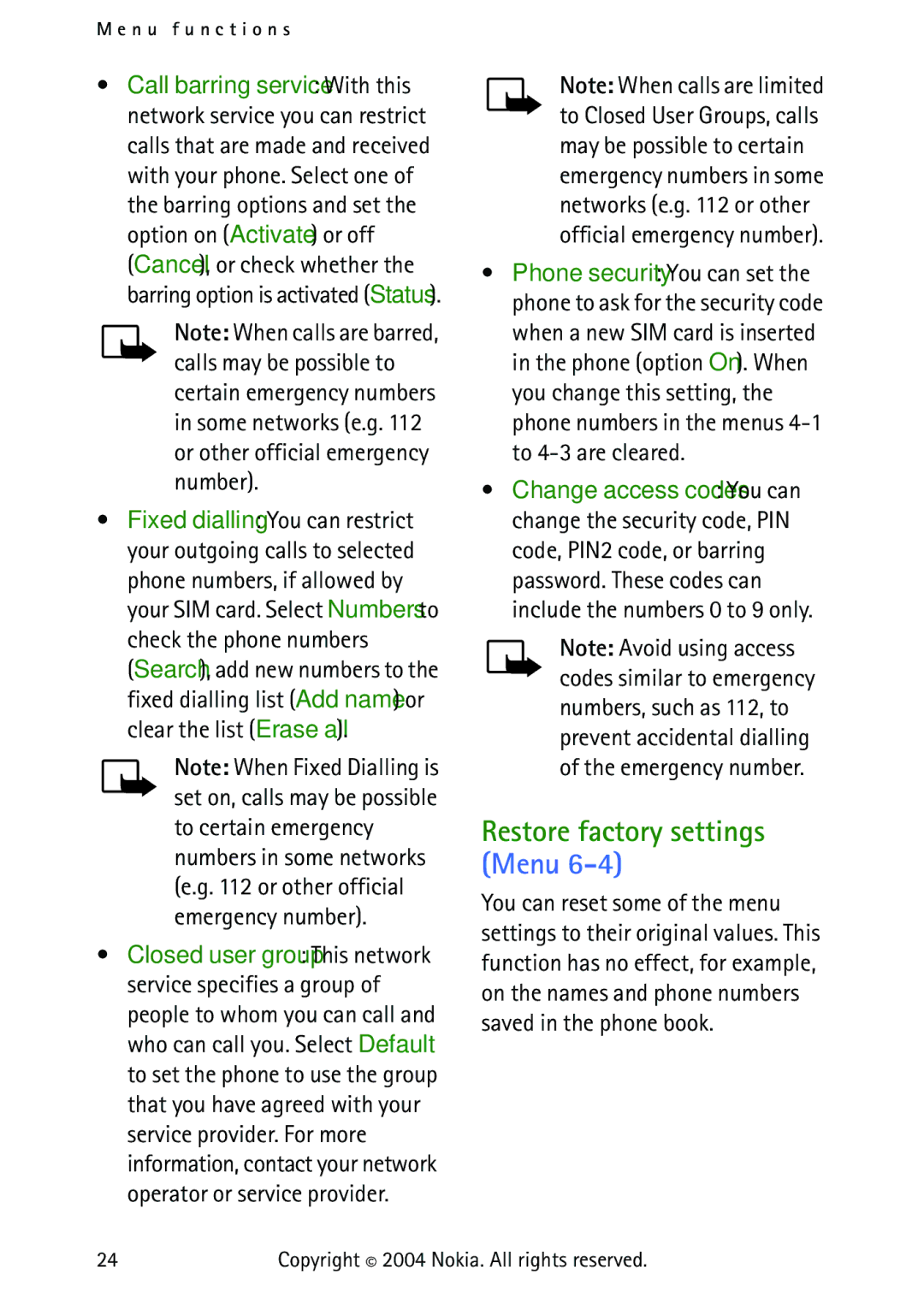 Nokia 3315 manual Restore factory settings Menu 