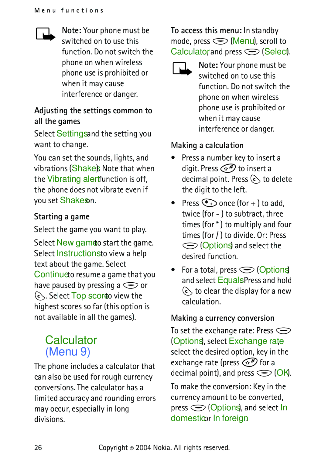 Nokia 3315 manual Calculator Menu, Adjusting the settings common to all the games, Starting a game, Making a calculation 