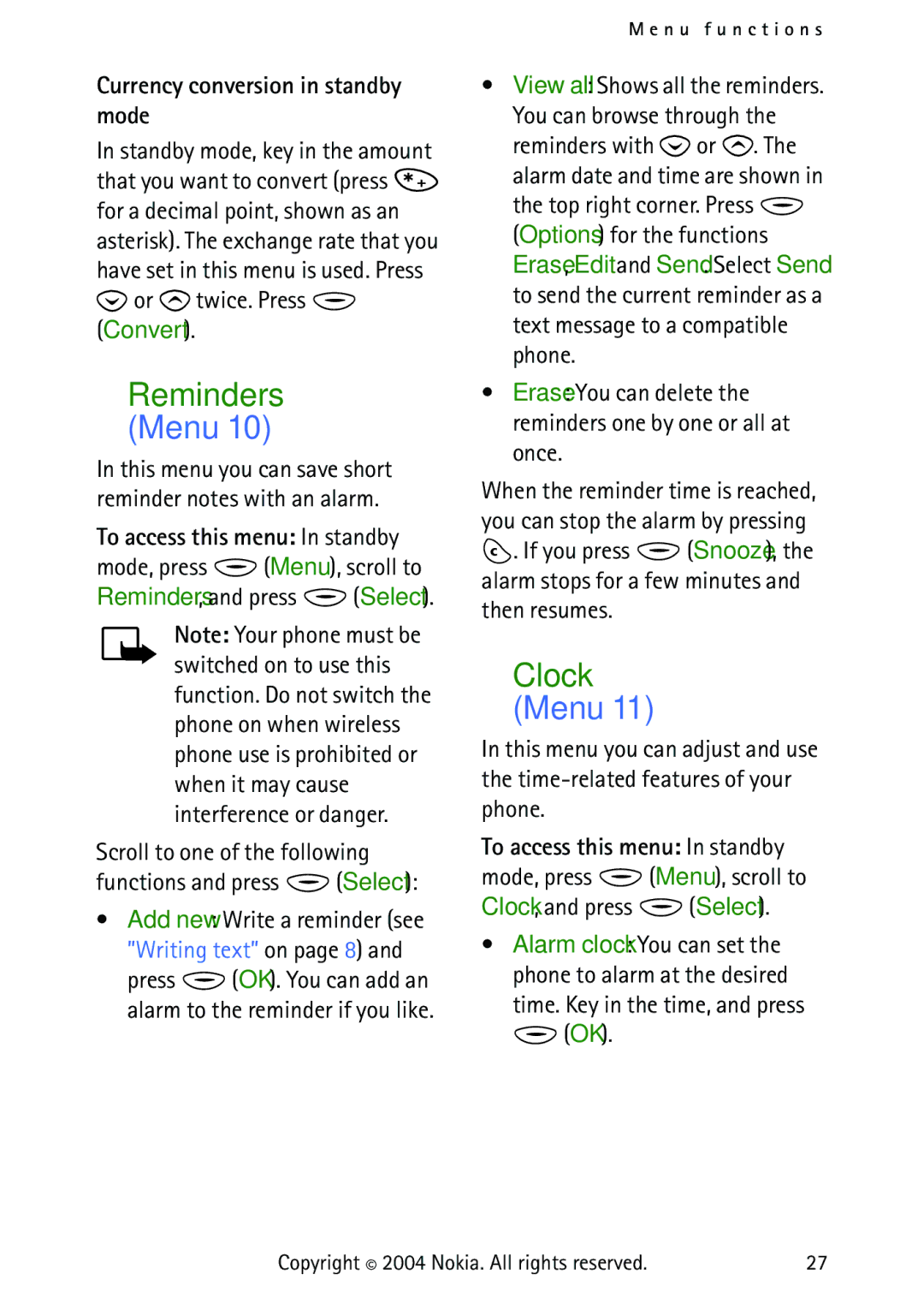 Nokia 3315 Clock Menu, Currency conversion in standby mode, Scroll to one of the following Functions and press Select 