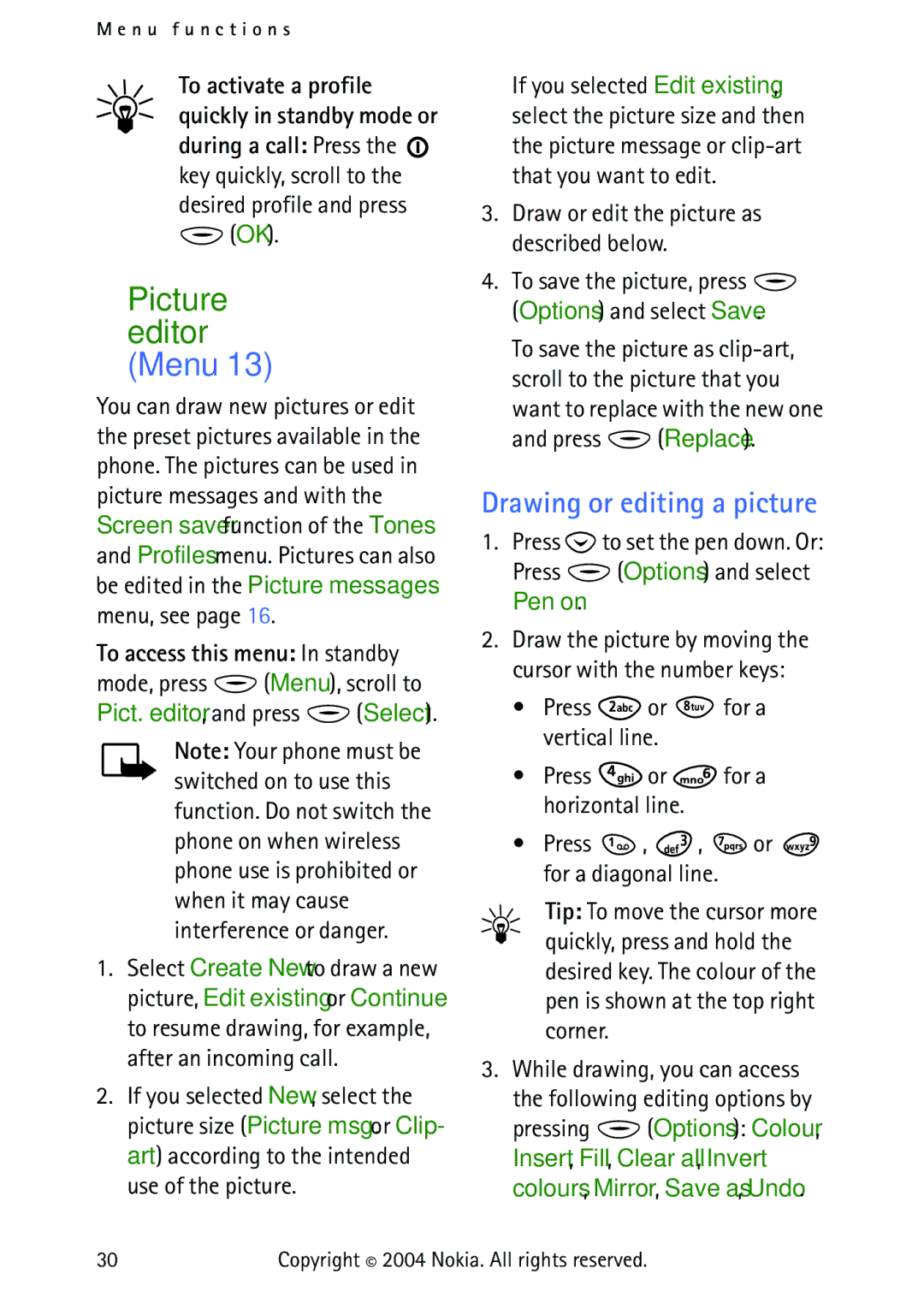 Nokia 3315 manual Drawing or editing a picture, Draw or edit the picture as described below, Press Replace 