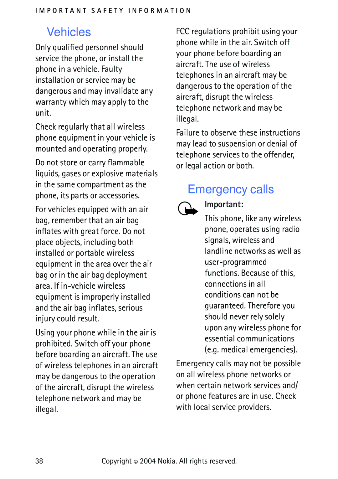 Nokia 3315 manual Vehicles, Emergency calls 