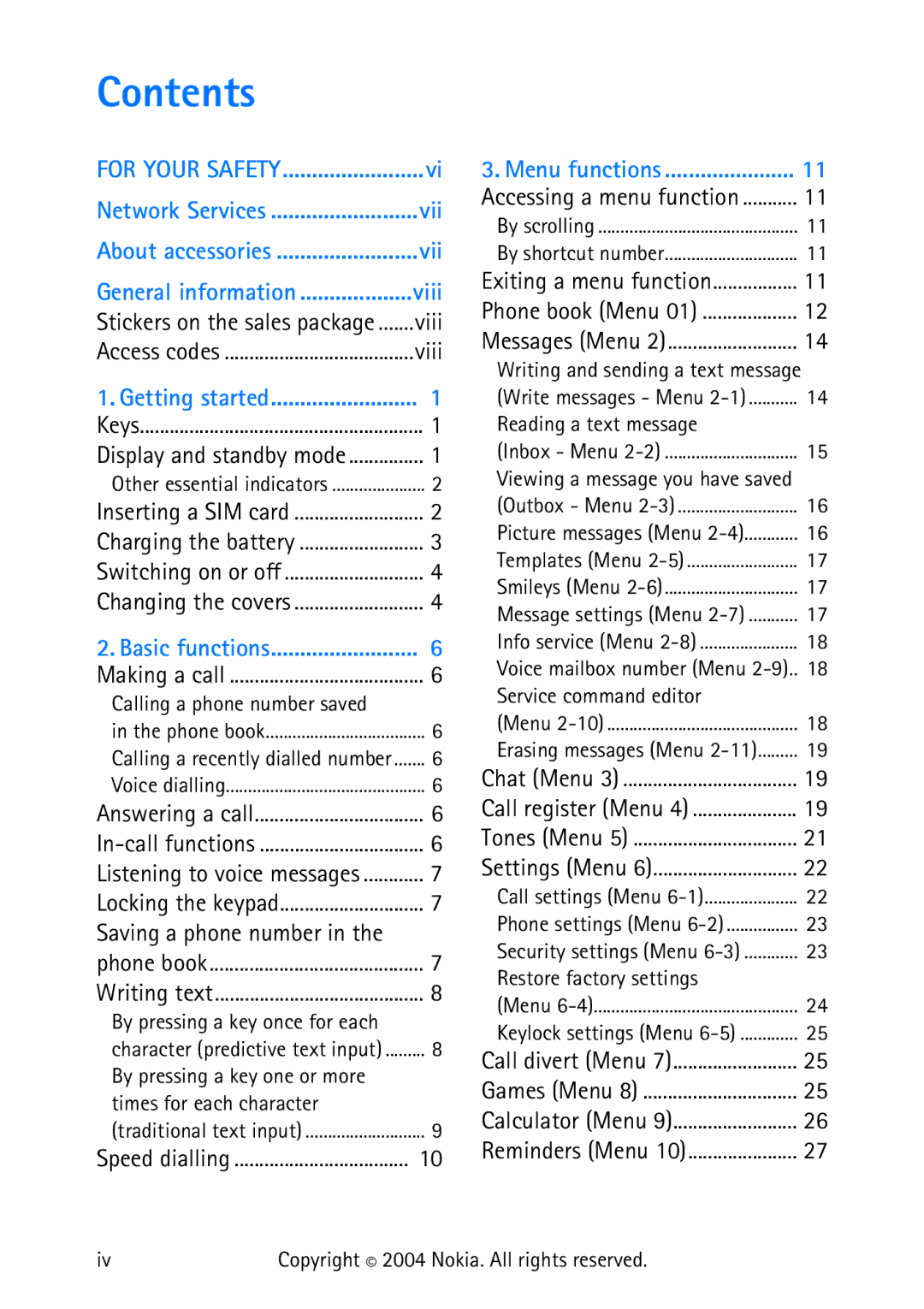 Nokia 3315 manual Contents 