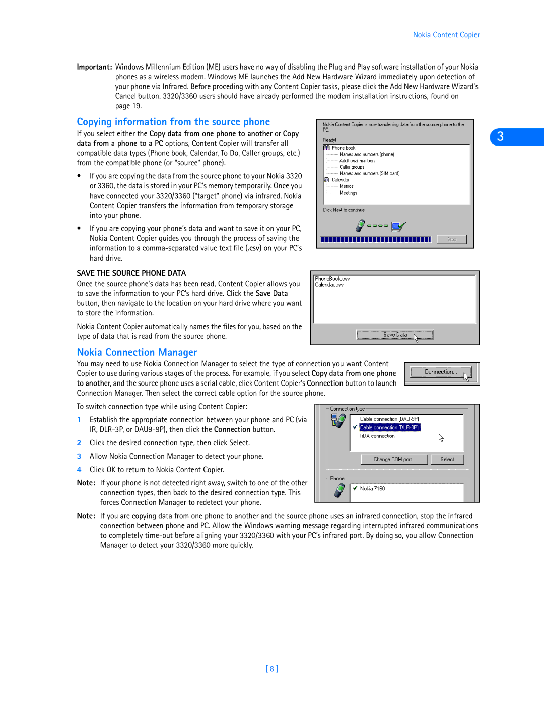 Nokia 3320, 3360 manual Copying information from the source phone, Nokia Connection Manager, Save the Source Phone Data 