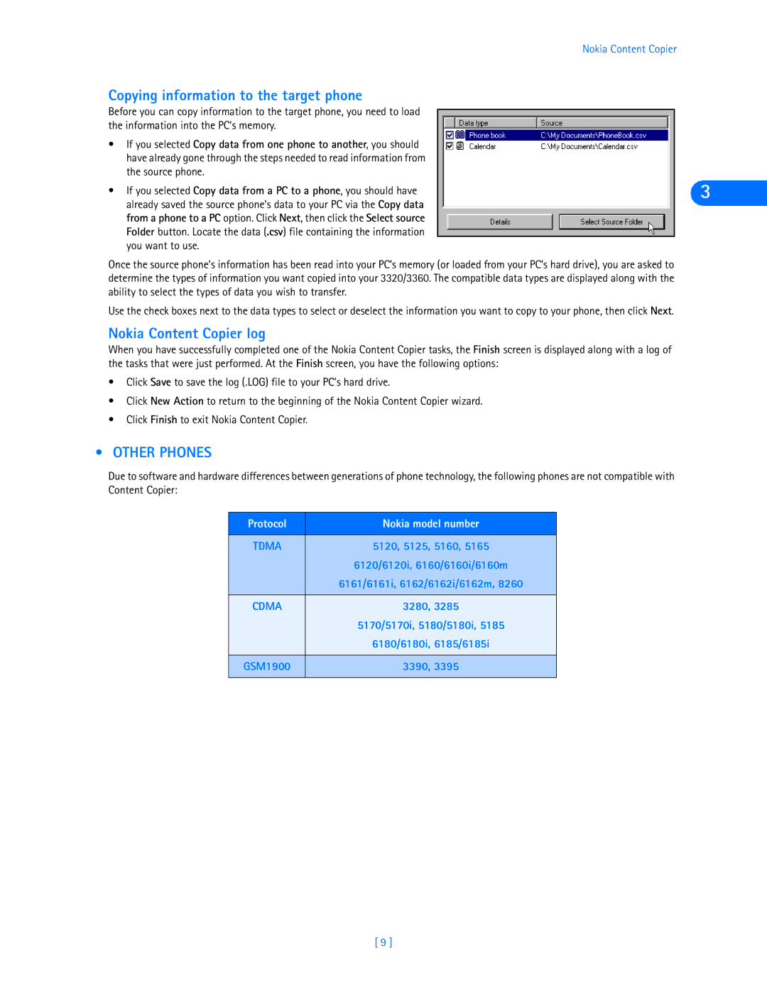 Nokia 3320, 3360 manual Copying information to the target phone, Nokia Content Copier log, Other Phones 